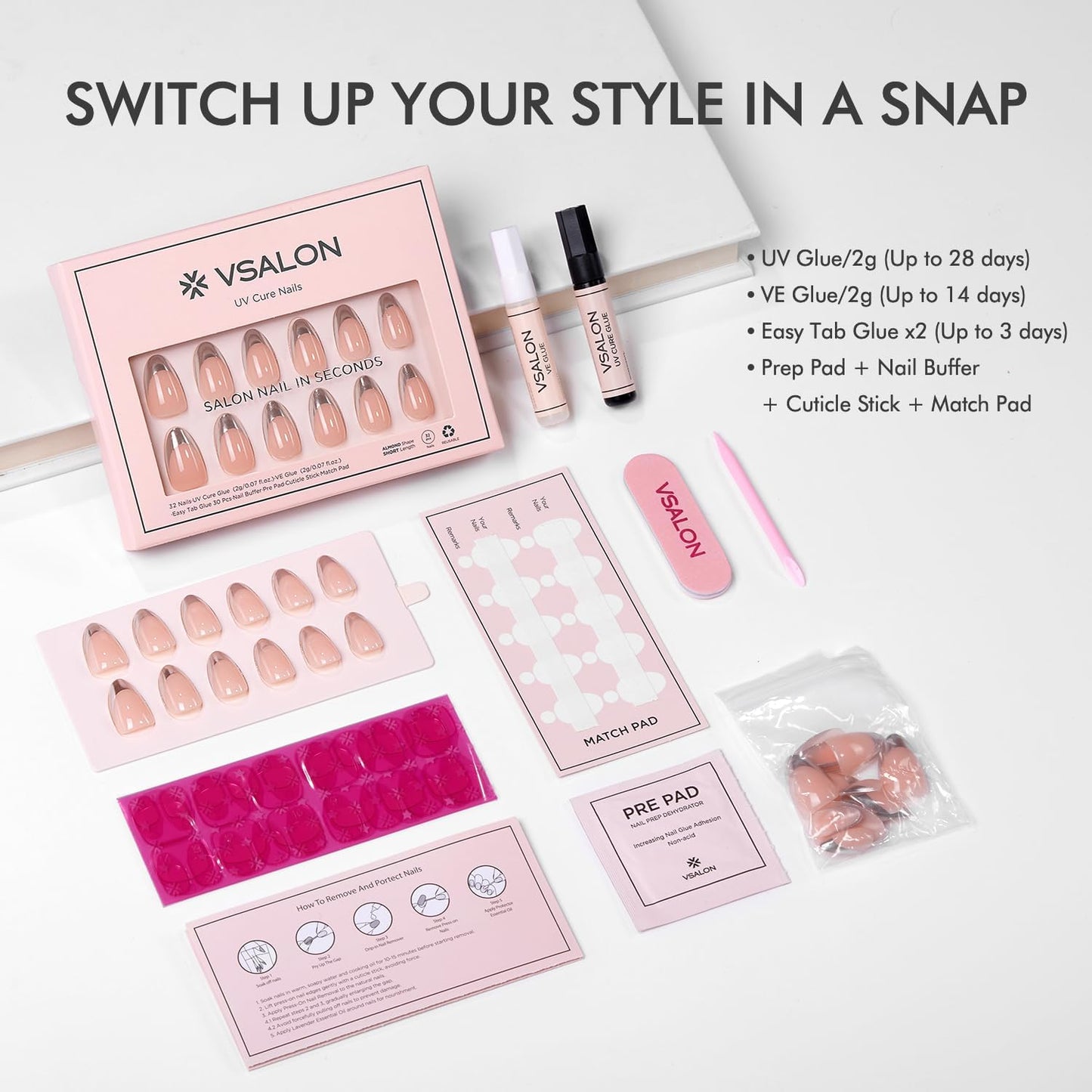 VSALON Almond Short Press on Nails, Silver Chrome Finish Glossy French Tip & Lamp