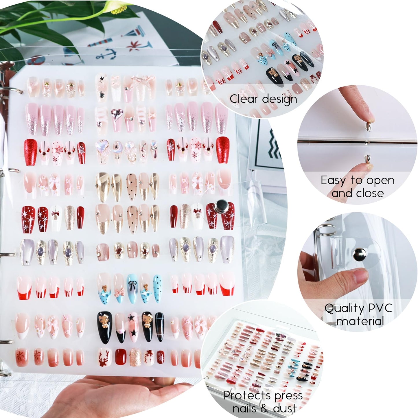 Yazikisa Large Press-on Nails Organizer Book Set Clear Press ons Nail Storage Box Binder Removable Loose-Leaf Packaging Case Salon Sample Styles Display Supplies 6 Page A4