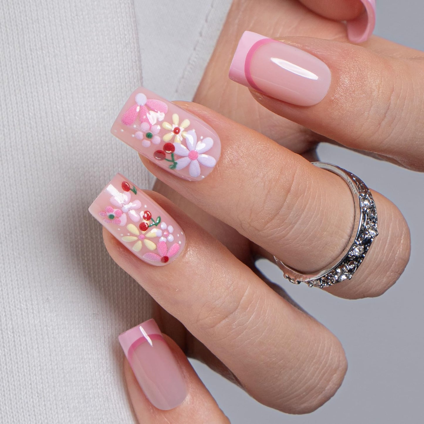 CurvLife Soft Gel Press On Nails Square, Long-Lasting 30Pcs Reusable Stick On Fake Nails Kit with Glue Tabs, Glossy Salon-Style Manicure for Women Teens Beginners, At-Home (Pink Meadow)
