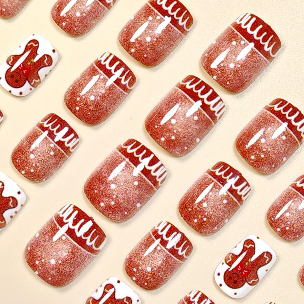 Christmas Gingerbread Man Nails Short Press on Nails Brown Winter Fake Nails Xmas Full Cover Glue on Nail Snow House Square False Nail for Women Christmas Reusable Acrylic Nail 24Pcs