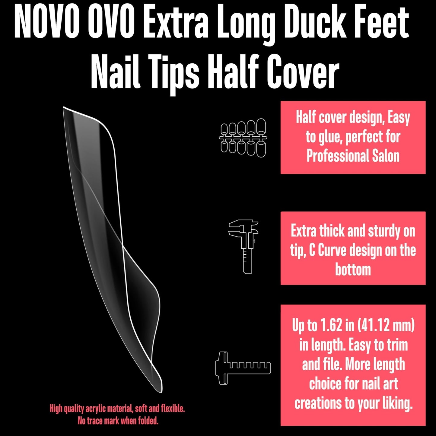 NOVO OVO XXL Long Duck Feet Nail Tips Half Cover for Acrylic, Clear Soft Gel No C Curve XXXL Extra Super Long Flare Y2K Wide French False Nail Extension x 11 Sizes in Box 308 pcs