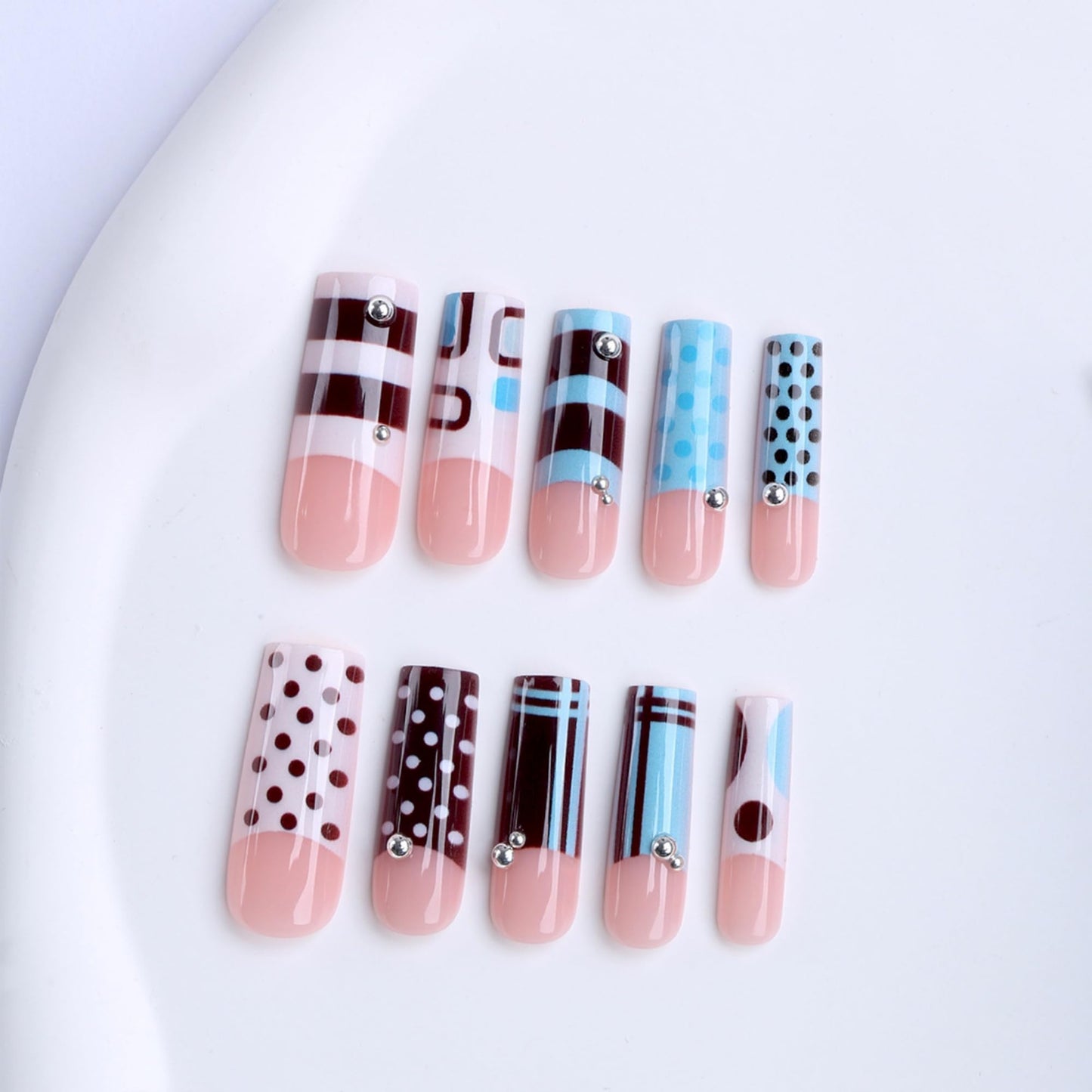 octoswave Long Square Press on Nails with Rhinestone Designs Blue Plaid and Polka Dot Glossy Fake Nails Acrylic Stick on Nails for Women Party Wedding Prom 24 Pcs