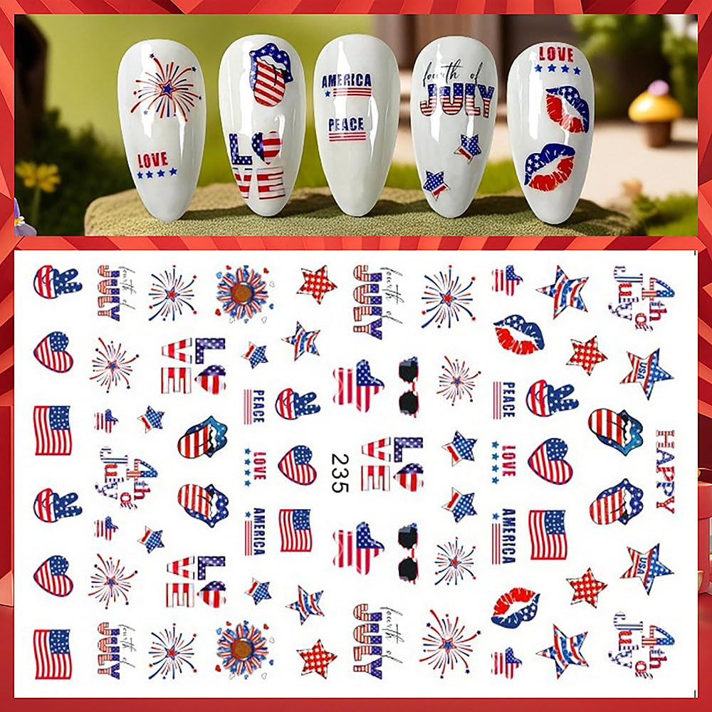 4th of July Nail Art Stickers Red Blue White American Flag Nail Stickers Fireworks Eagle Nail Decals Independence Day Patriotic Nail Art Supplies for Women DIY Manicure Nail Decoration 6Pcs