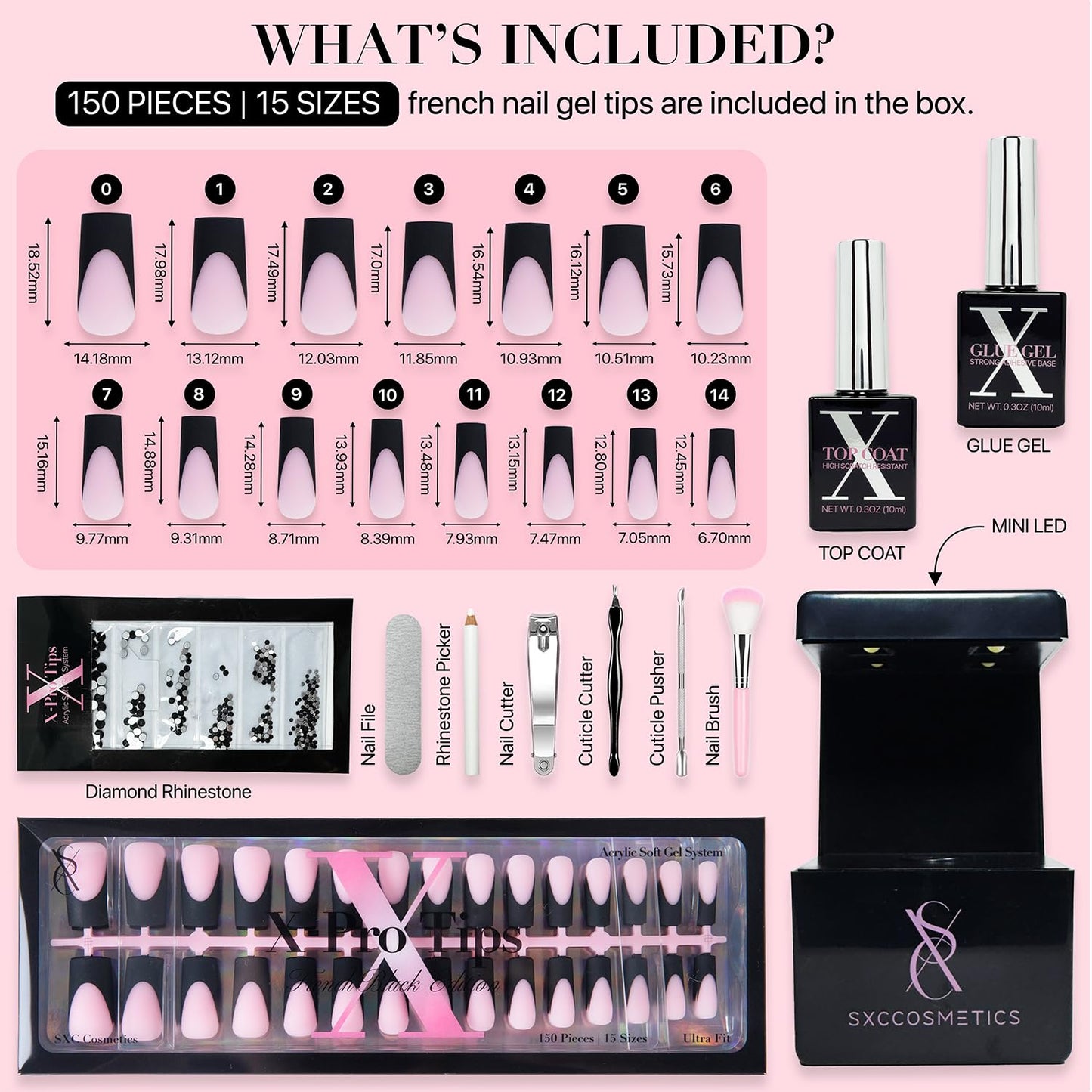 SXC Cosmetics French Tip Press On Nails – Black Series, Medium Square, X-Pro Tips Starter Kit | 150PCS, 15 Sizes, 5 Styles, Beginner-Friendly