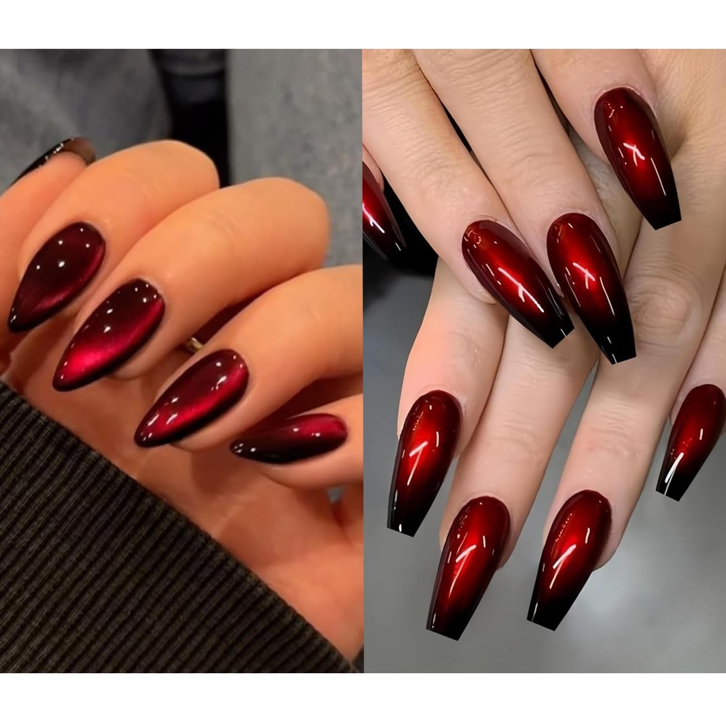 KQueenest Cat Eye Burgundy Press on Nails Medium Almond & Press on Nails Extra Long Coffin, Petite Nails for Small Hand For Women Girls Daily Party Decoration in 60 Pcs