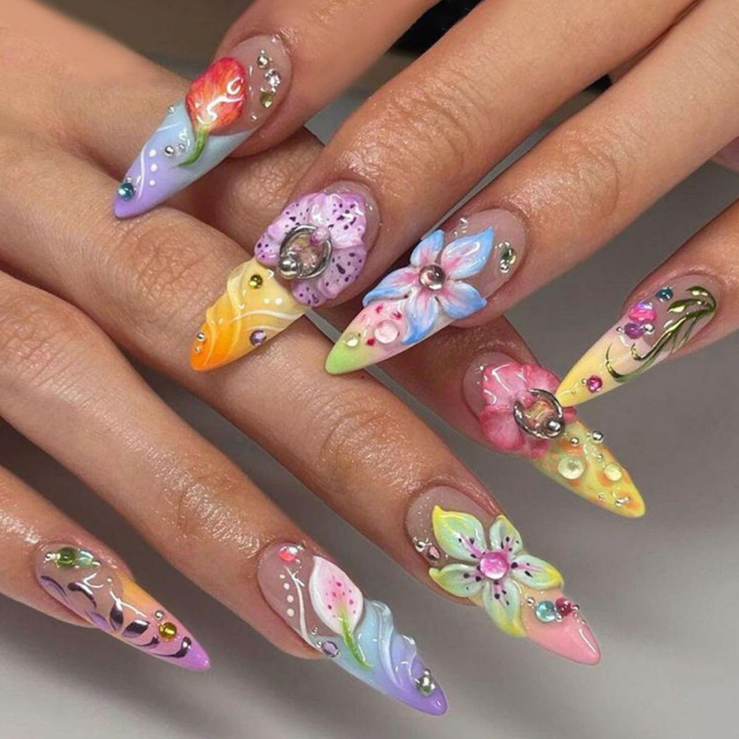 Long Press on Nails Almond Fake Nails Flowers Colorful Artificial Nail with Rhinestone Designs Stick on Nail for Women 24pcs