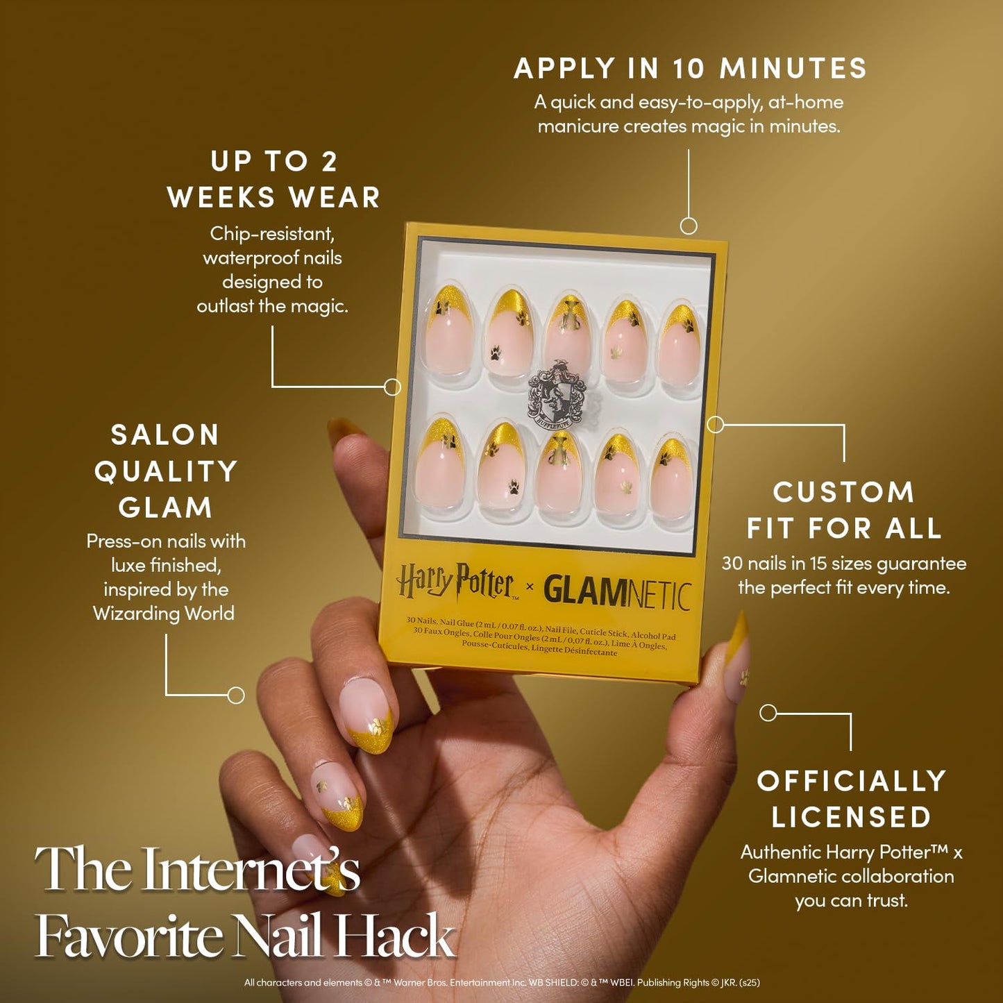 Harry Potter™ x Glamnetic Press-On Nails Bundle - Helga Hufflepuff™ & Fiery Red | Short Almond Fake Nails with Velvet Yellow French Tips & Gold Graphics, Officially Licensed | Bright Red Short Almond