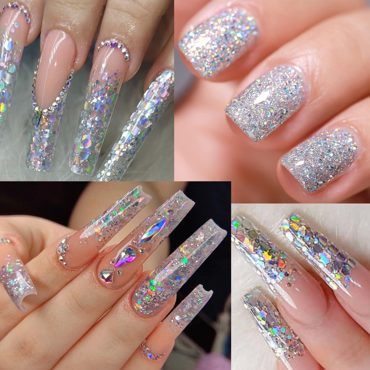 Furtherpretty Laser Silver Nail Glitter Powder Set, Mixed-Size Holographic Nail Glitter Dust, Sparkling Sequins & Flakes for Nail Art Decoration, Manicure Salon Supplies, Silver Glitter for Crafts