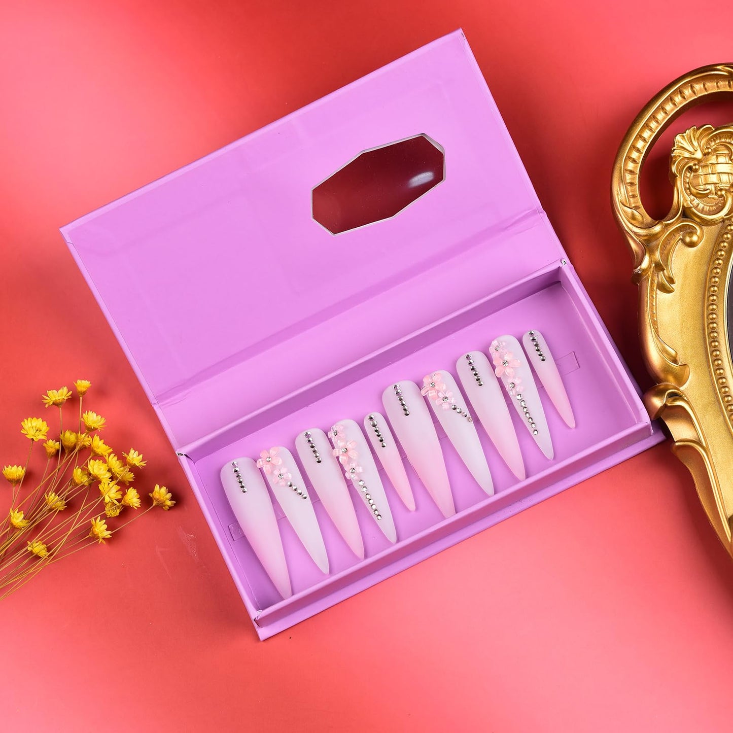 Tmani 10pc/set Extra Long Handmade Press On Nail Hot Girl's Long Ballet Nails Pointed Nail Full of Diamond Glitter Decoration Fake Nails Suitable For Girls Festival Parties and Birthday Gift（003,S)