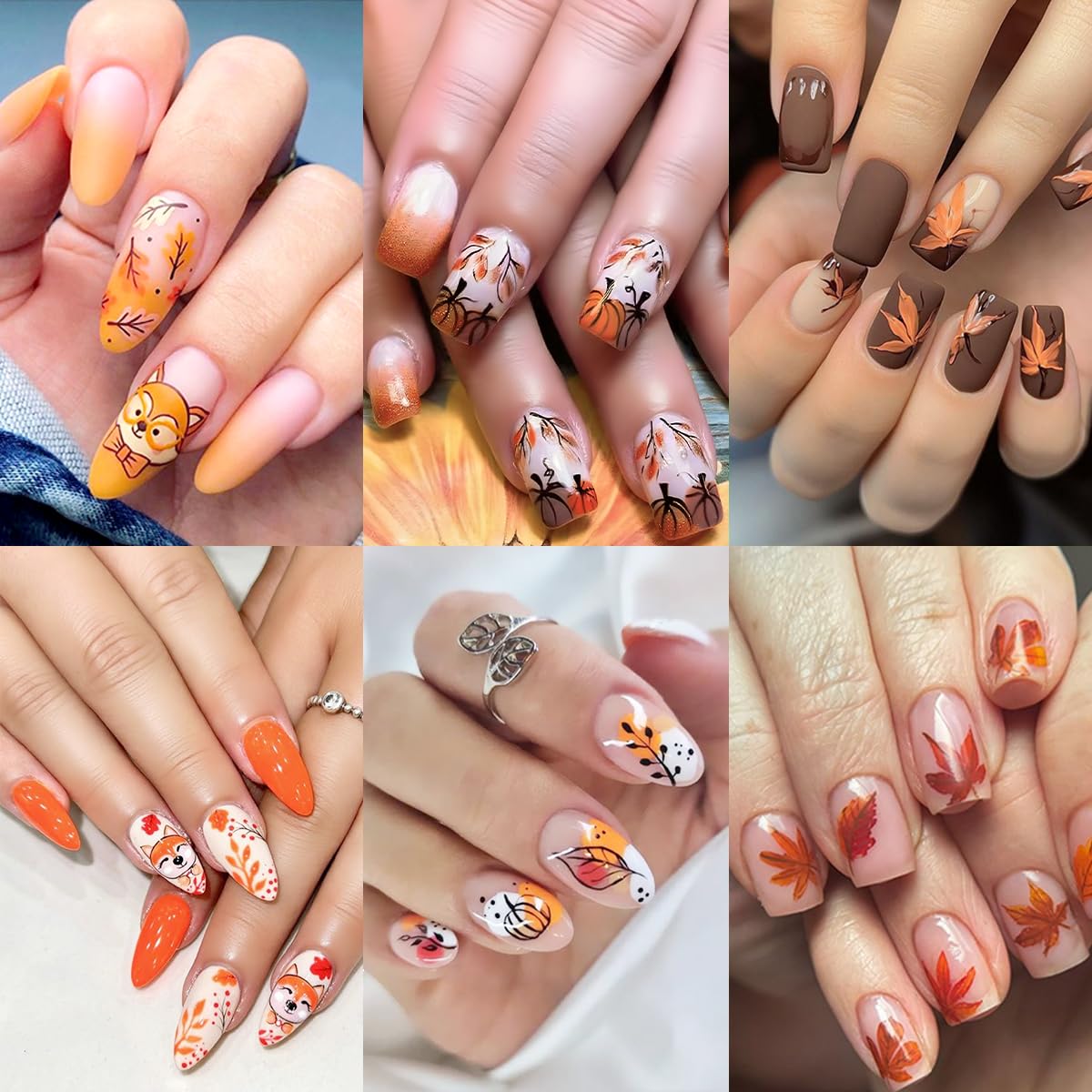 6 Sheets Fall Nail Art Stickers Thanksgiving Day Nails Decals 3D Self Adhesive Maple Leaf Nail Stickers Cute Fox Pumpkin Maple Leaves Design Fall Nails Supplies for Women Autumn DIY Manicure Decor