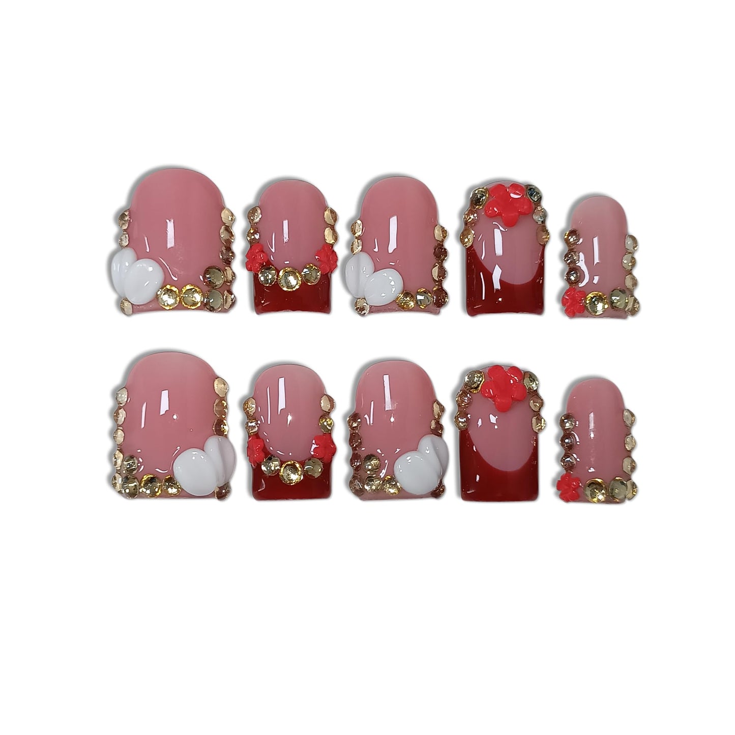 TENPAL Short Squoval Press on Nails - Red French Tip with Rhinestone Edge & Floral | Nude Pink Glossy Fake Nails | Clean Girl Manicure Set(S)