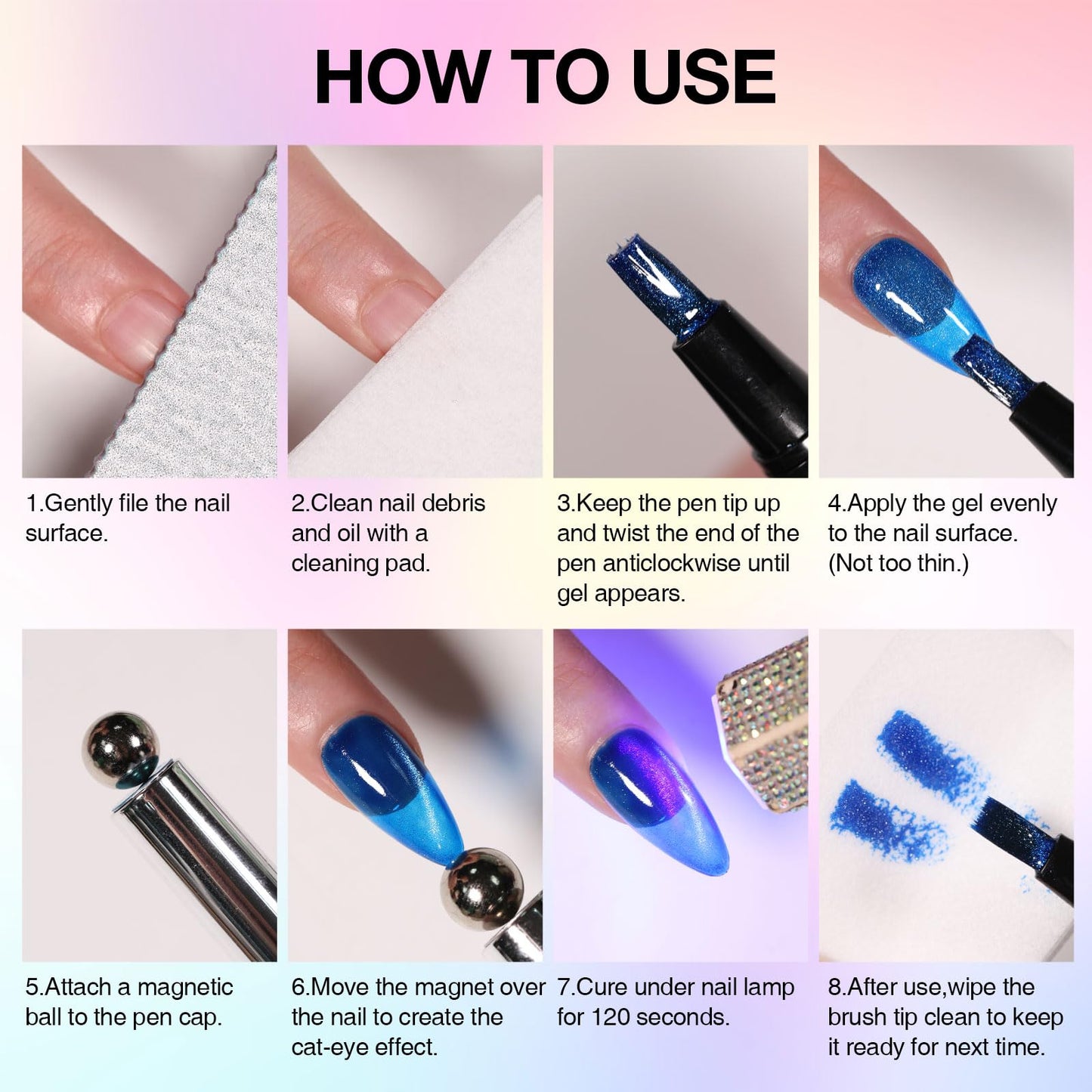 7-in-1 Cat Eye Gel Nail Polish Pen 2pcs, One Step Magnetic Gel Polish with Magnet, No Base/Top Coat Needed, Light Purple & Deep Purple Glassy Jelly Magnetic Gel Soak Off UV LED Nail Art DIY Home Salon