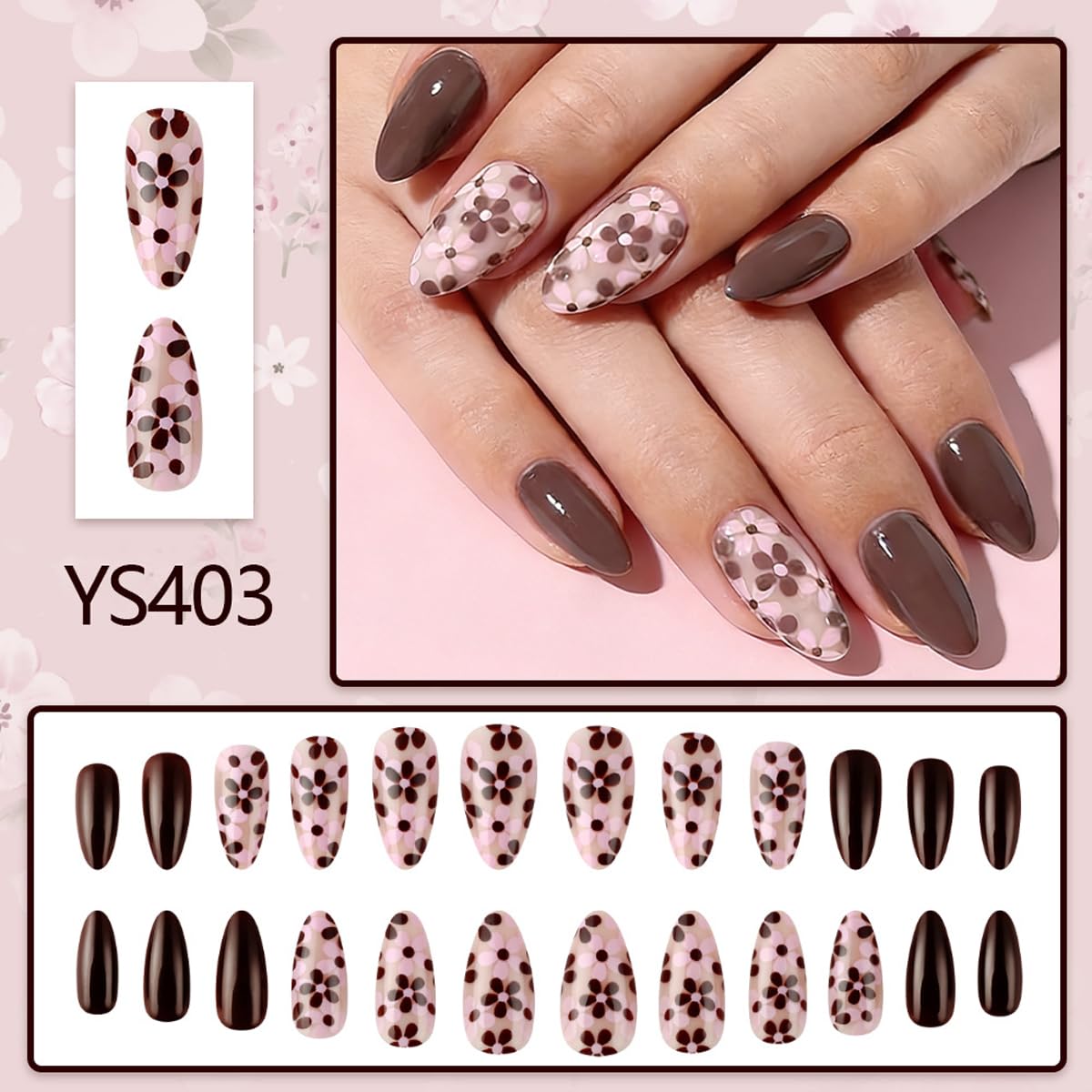 Flower Press on Nails - Short Almond Fake Nails Press ons with Floral Designs, Brown Nails Glossy Acrylic Nails Full Cover Glue on Nails for Women Manicure 24Pcs