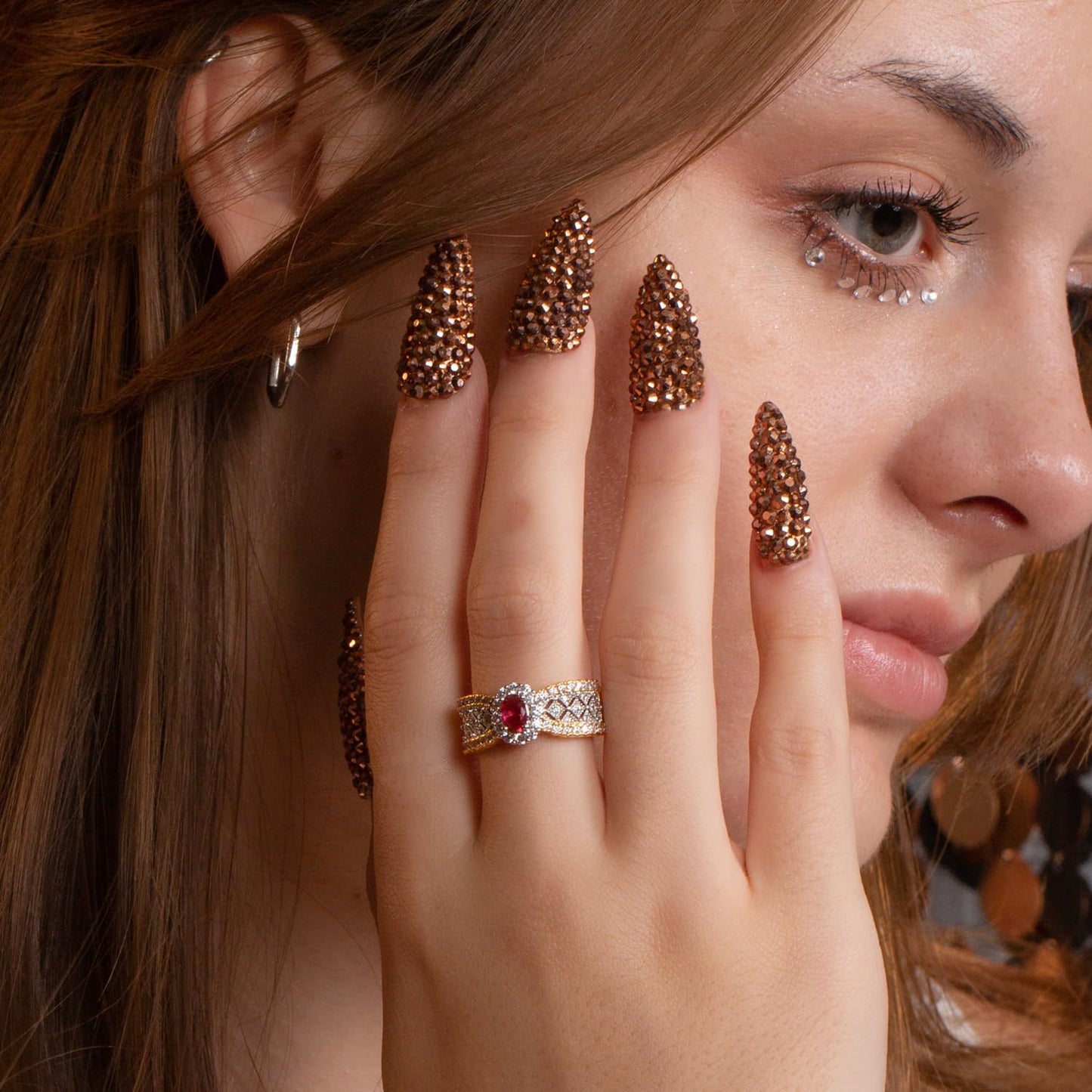 LOVFUL Press on Nails Classic Golden Rhinestone | Handmade with Full Covered Crystals | Reusable Fake Nails | Stiletto Classic Regular 1.3 in | H148-M