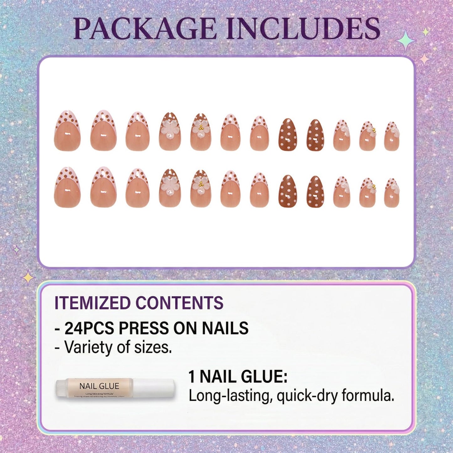 IMRAIN Almond Press on Nails, Medium Fake Nails, Nude Brown French Tip 3D Floral Polka Dot, 24 Pcs Reusable Glue on Nails for Women, Salon Quality