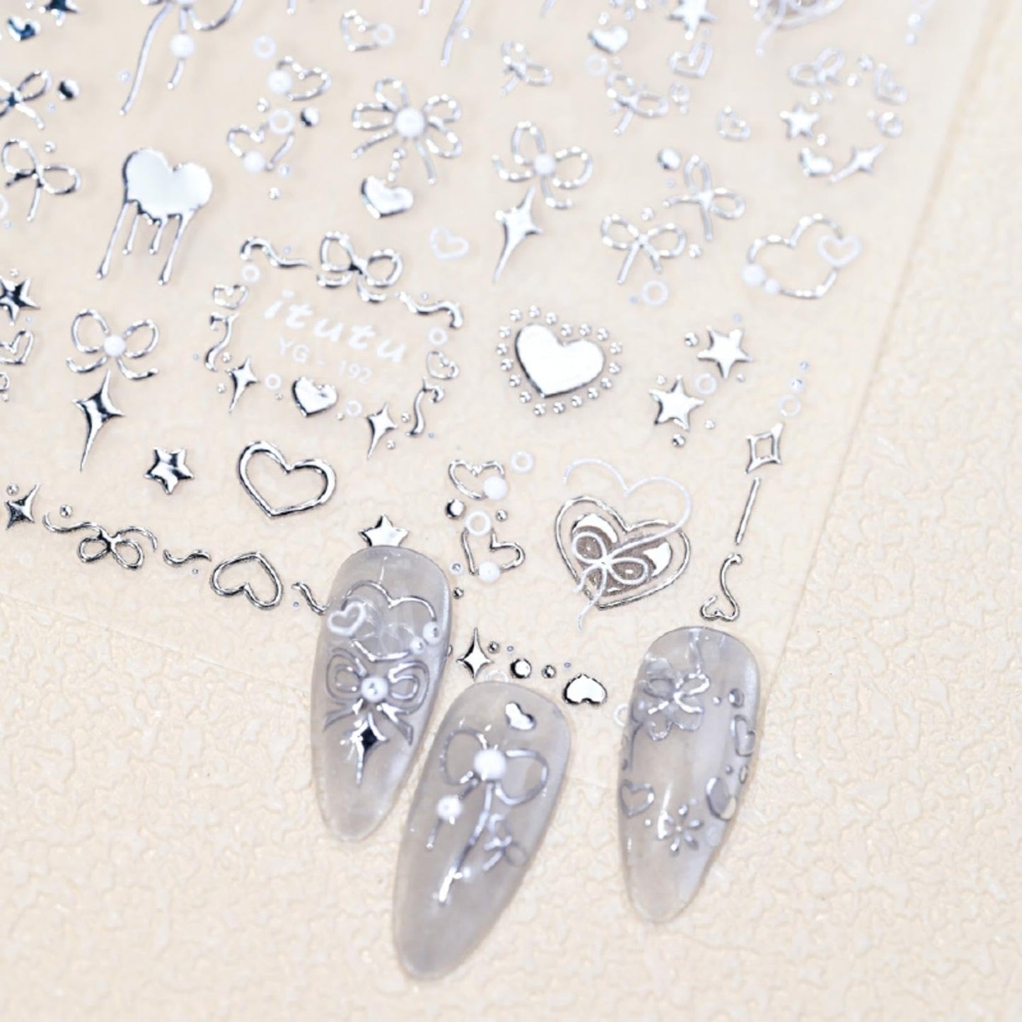 5D Embossed Heart Nail Stickers Self-Adhesive Silver Bows Nail Art Stickers Pearl Star Love Nail Decals for Acrylic Nails Spring Valentines Nail Sticker for Women Girls DIY Manicure Nails Supplies