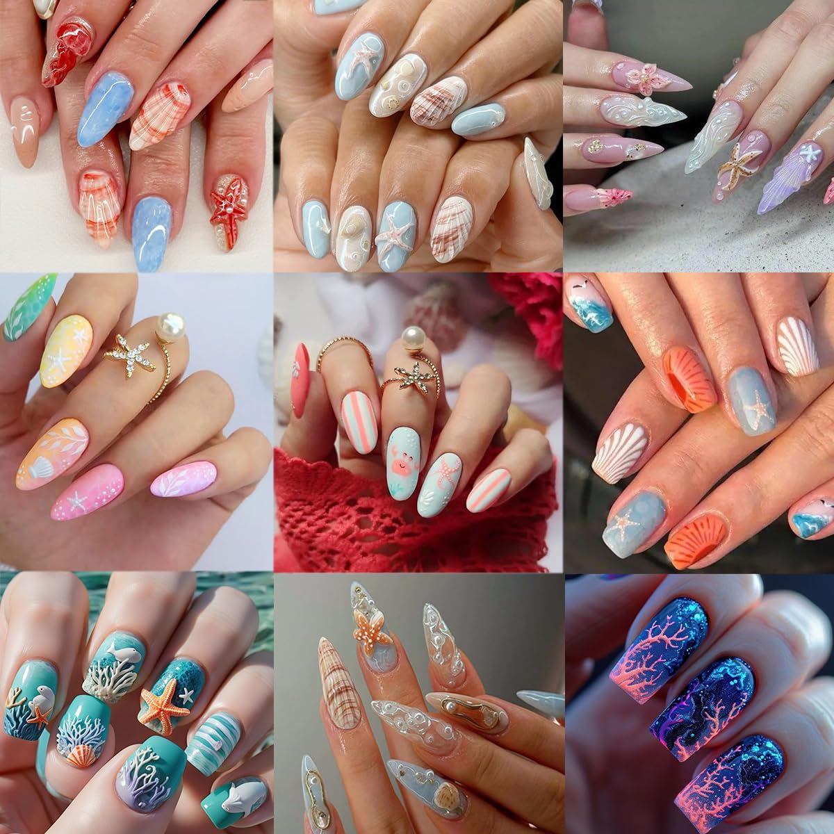 6Pcs Summer Nail Stickers for Nails Art 3D Self Adhesive Beach Nail Decals Tropical Octopus Crab Sea Turtle Shell Design Ocean Nail Supplies Accessories Seahorse Starfish Nail Art Stickers for Women