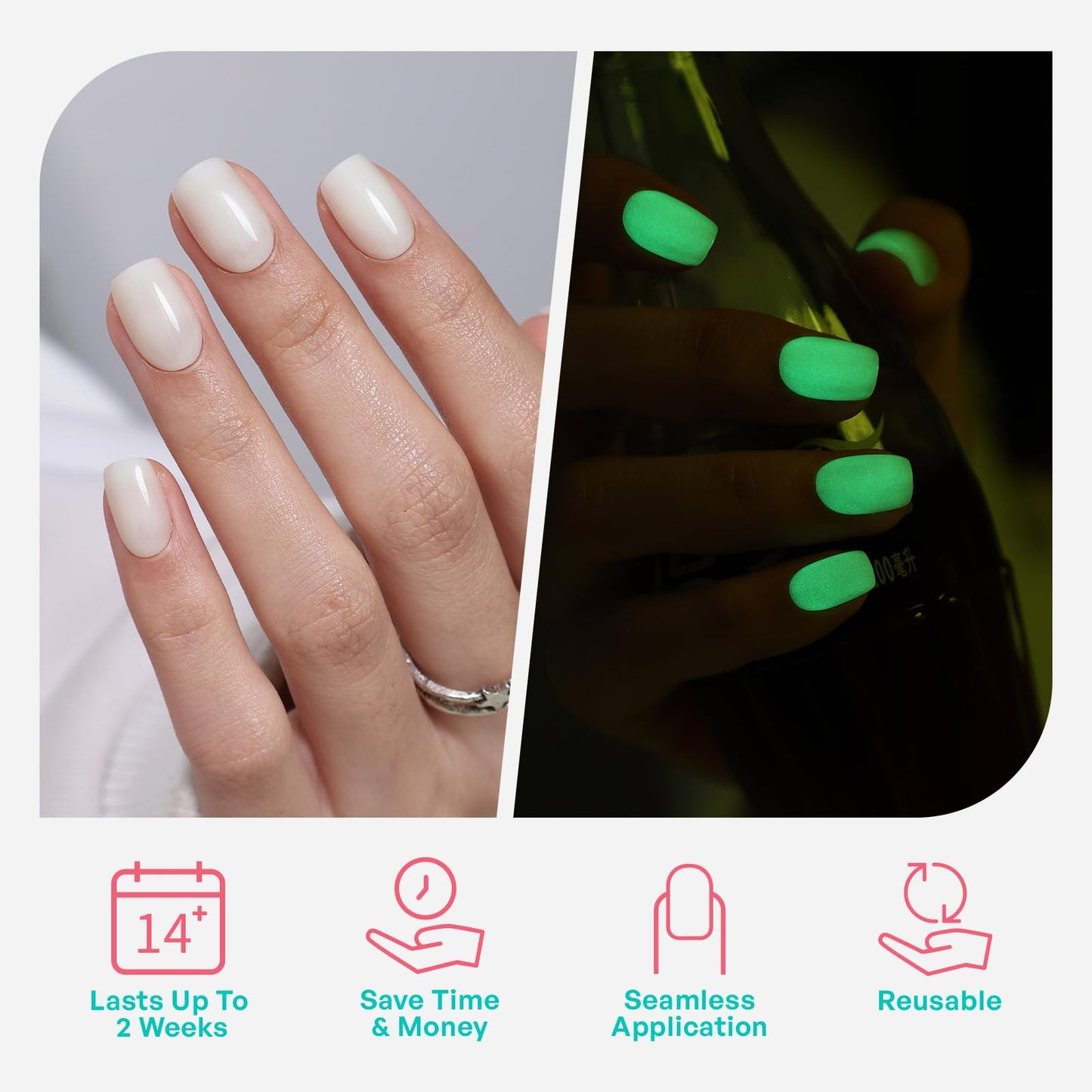 Milky White Press on Nails Short Square - GJZEZ Soft Gel Fun Glow in The Dark Luminous Neon Green Glows Effects Milk White Fake Nails, Natural Reusable Glue On Nail in 16 Sizes - 32PCS, Cloud Dancer