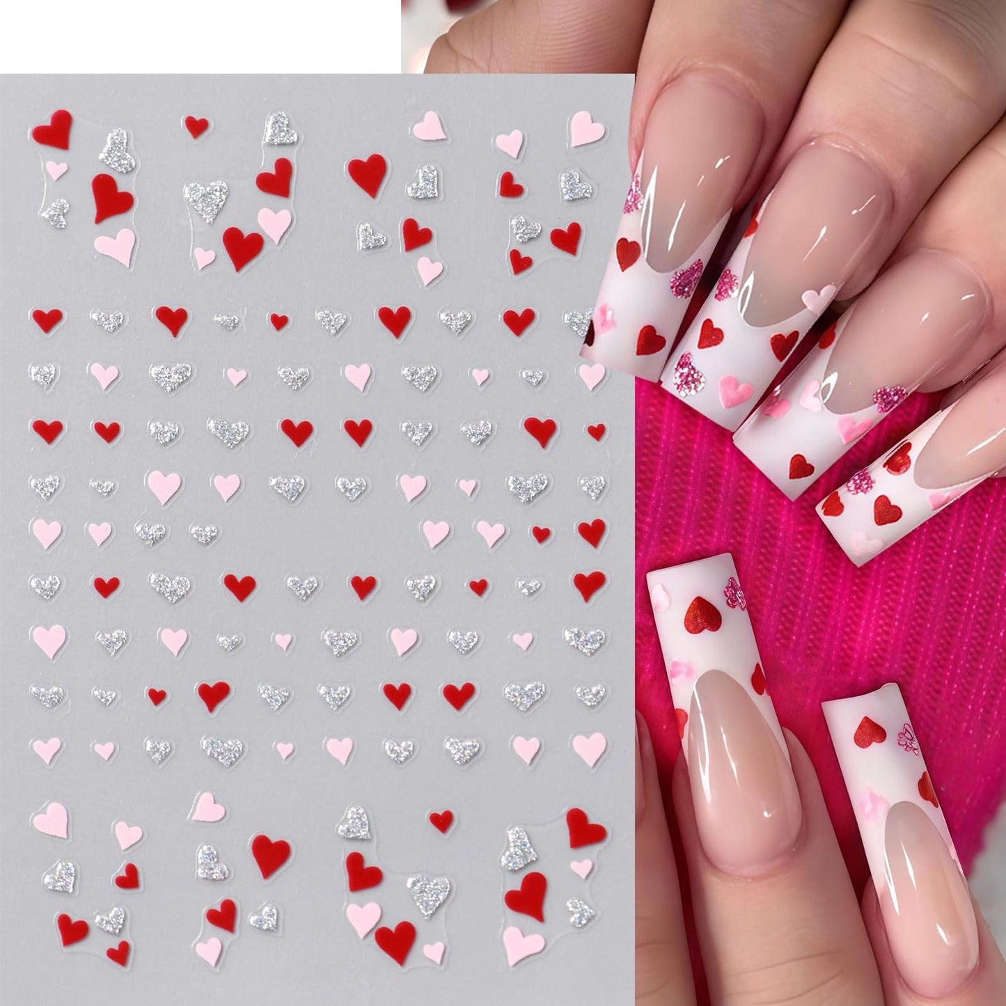 8 Pcs Valentines Day Nail Stickers French Heart Nail Decals Glitter Pink Silver Romantic Heart Curved Line Nails Design 3D Self-Adhesive Pink Red Silver Glitter Mini Hearts Nails Supplies for Women