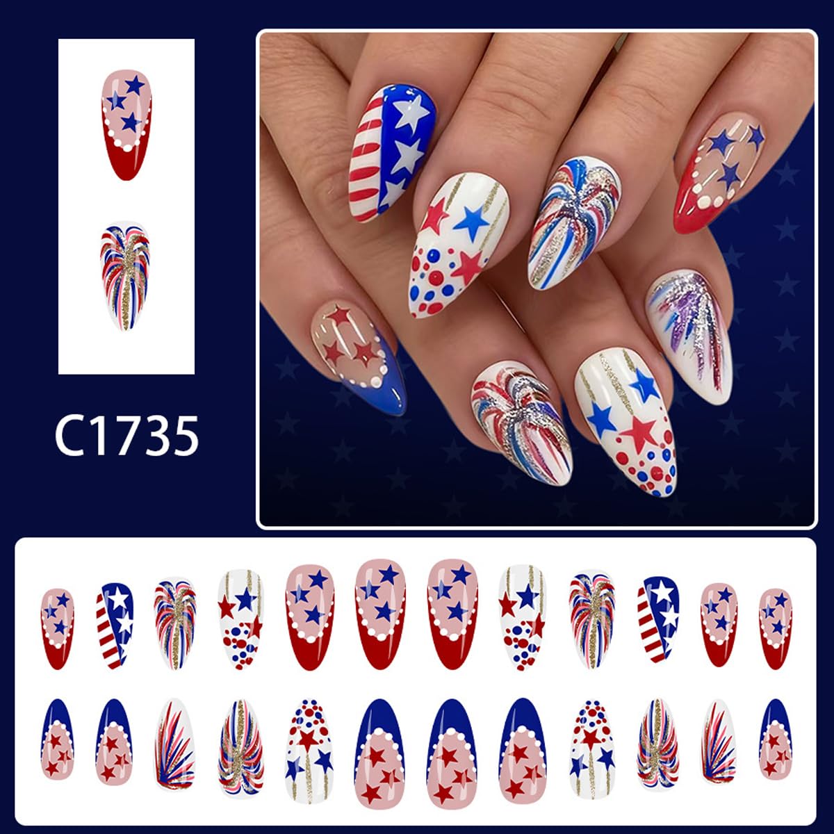 4th of July Press on Nails Medium Almond Fake Nails with Star and Fireworks Designs Red White Blue Nails Press ons Patriotic Theme Glue on Nail Independence Day Stick on Nails for Women 24Pcs