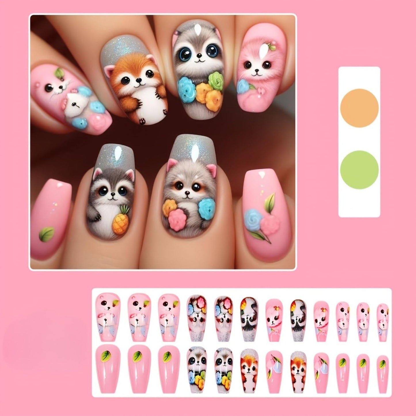 Coffin Press on Nails Medium Pink Fake Nails Raccoon Fox False Nails with Fruit Flower Design Cute Animal Artificial Acrylic Nails Full Cover Glossy Spring Summer Stick on Nails for Women Manicure Art