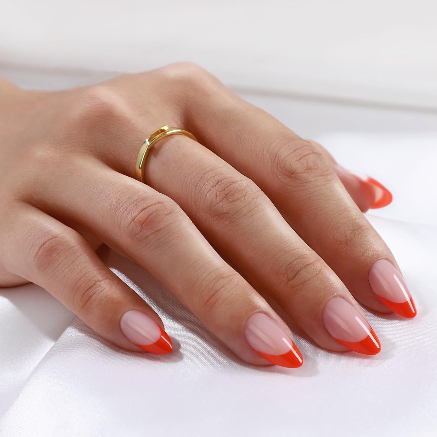 Orange French Tip Press On Nails Short Almond - GJZEZ Soft Gel Fall Thanksgiving Halloween Summer Fake Nails Gifts for Women, Salon Quality Natural Long Lasting Reusable Faux Nail | 16 Sizes - 32 PCS