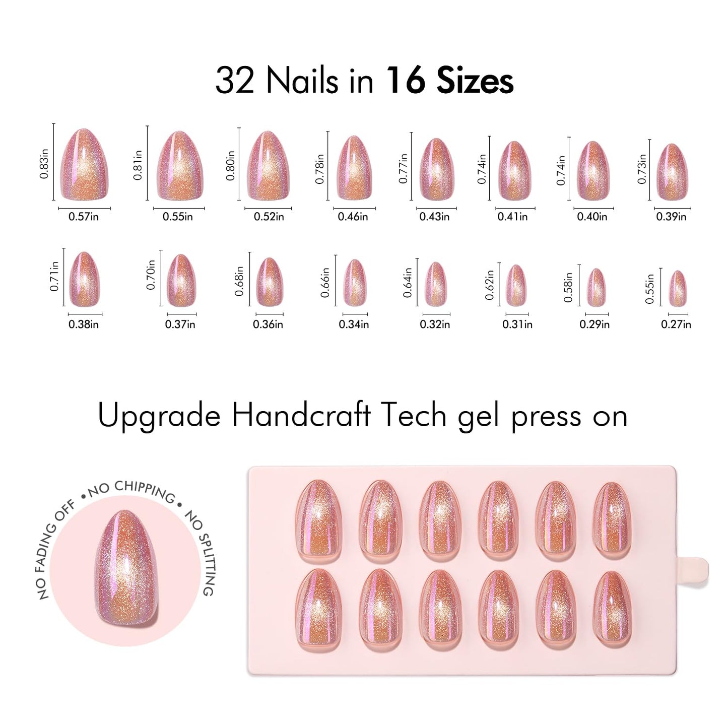 VSALON Press on Nails Short Almond - Pink Cat Eye Pastel Glitter Holographic Summer Fake Nails Kit, Reusable Opaque Gel Chrome Glue on Nails with Glue & Cuticle Oil - 32PCS in 16 Sizes