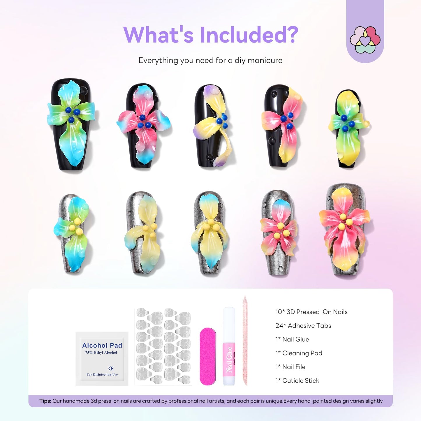 SAVILAND Handmade 3D Press on Nails Kit: Instant Transformation Press on Nails Long Lasting with Nail Glue Nail Adhesive Tabs 10Pcs Flower Fairyland Nail Tips No U V Need (Size M/S)