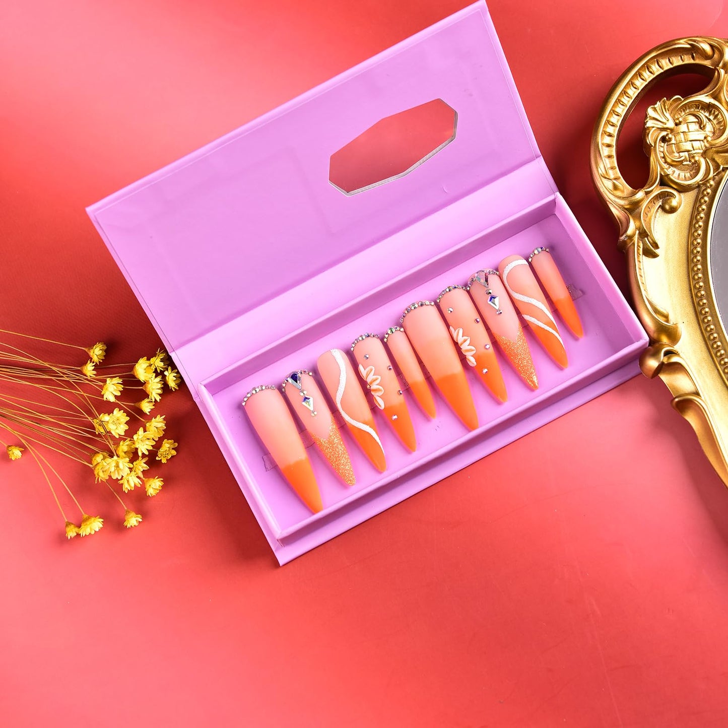 Tmani 10pc/set Extra Long Handmade Press On Nail Hot Girl's Long Ballet Nails Pointed Nail Full of Diamond Glitter Decoration Fake Nails Suitable For Girls Festival Parties and Birthday Gift (235,M)
