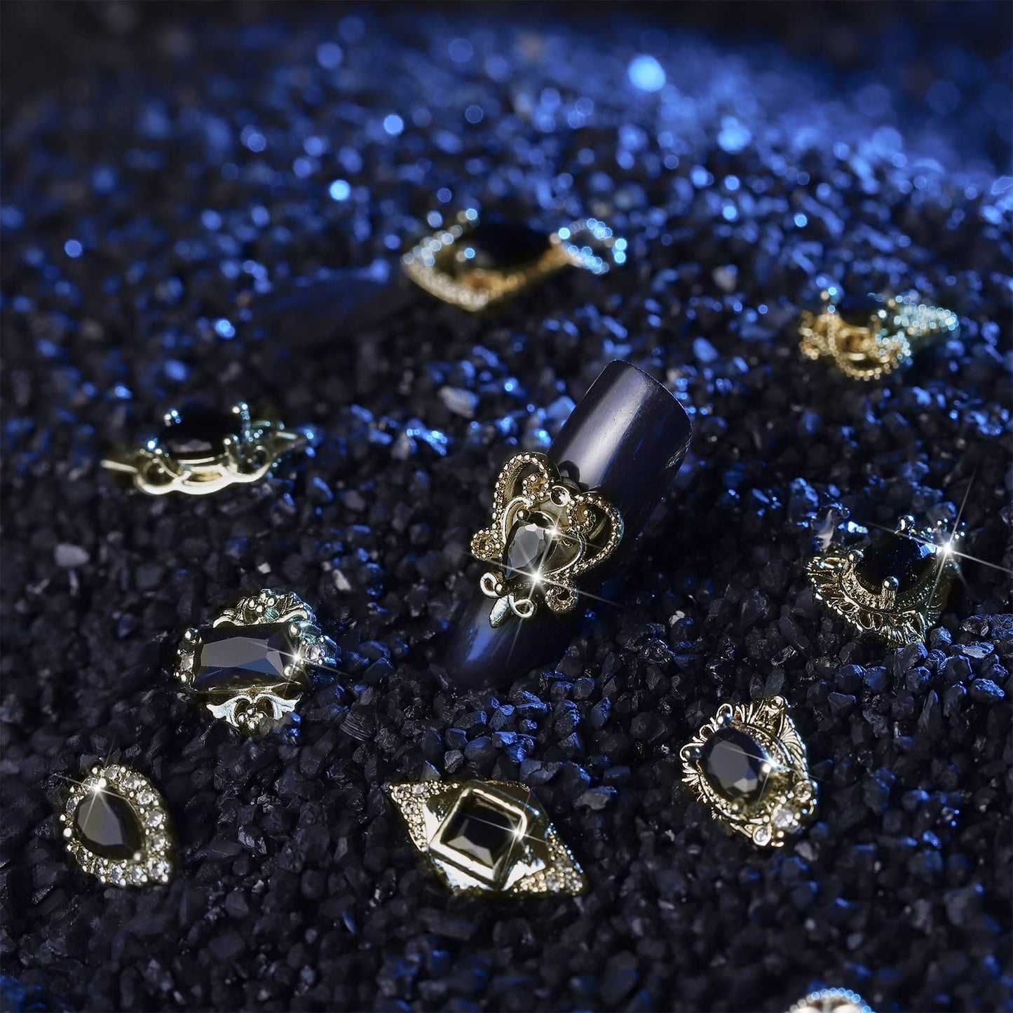 Leelosp 24 Pieces 3D Nail Charms Gold Luxury Black Rhinestones Nail Charms for Acrylic Nails Black Zircon Jewels Crystals Rhinestones with Storage Box for DIY Craft Art