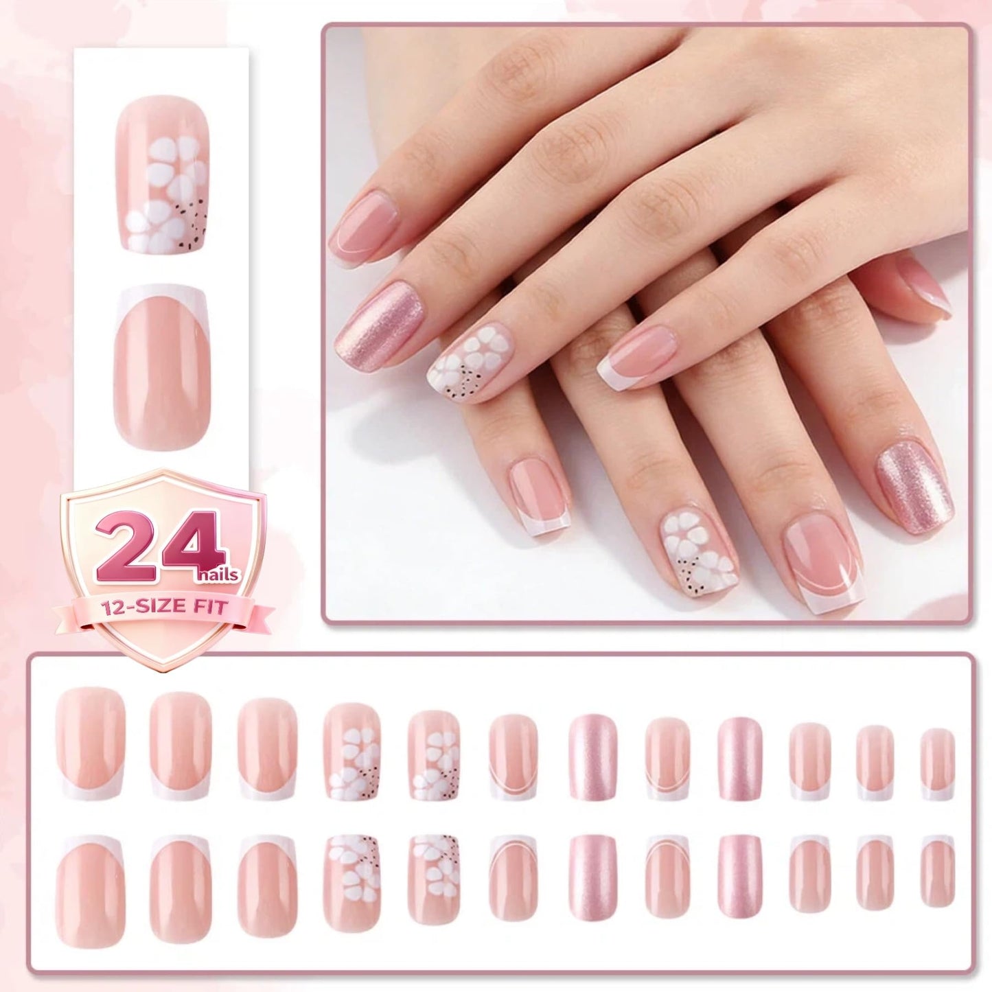 Taoyisent Nude Pink French Tip Press On Nails Short Square Glossy, Floral Fake Nails with Glitter Accent, Reusable Full Cover Stick On Nails for Women Wedding Office Daily Wear, 24PCS