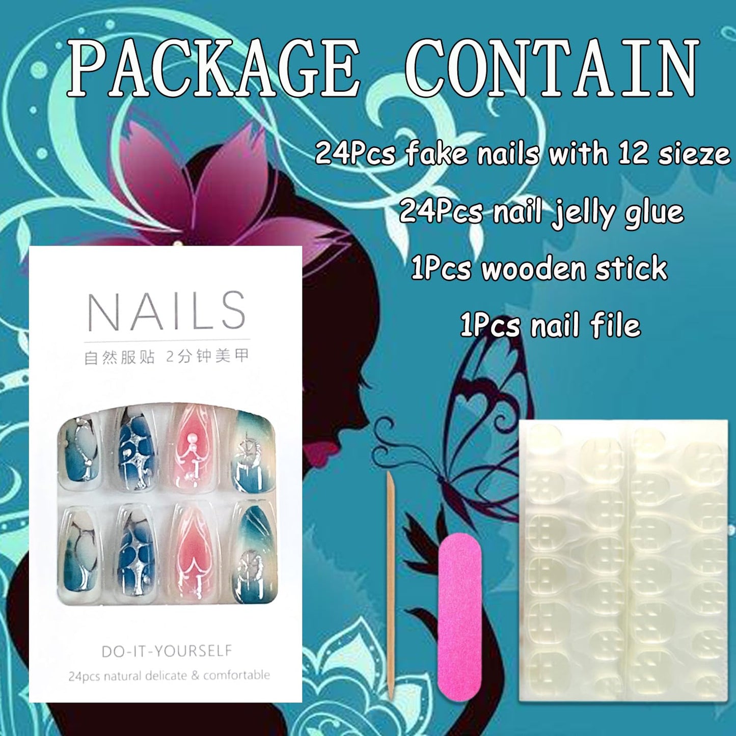 EYZOTSF Press on Almond Nails Medium Length Glossy Full Cover Acrylic Almond Shaped False Nails with Designs Artificial Fake Nail with Charms Glue Stick ons Fingernails for Women Girls(Z1116)