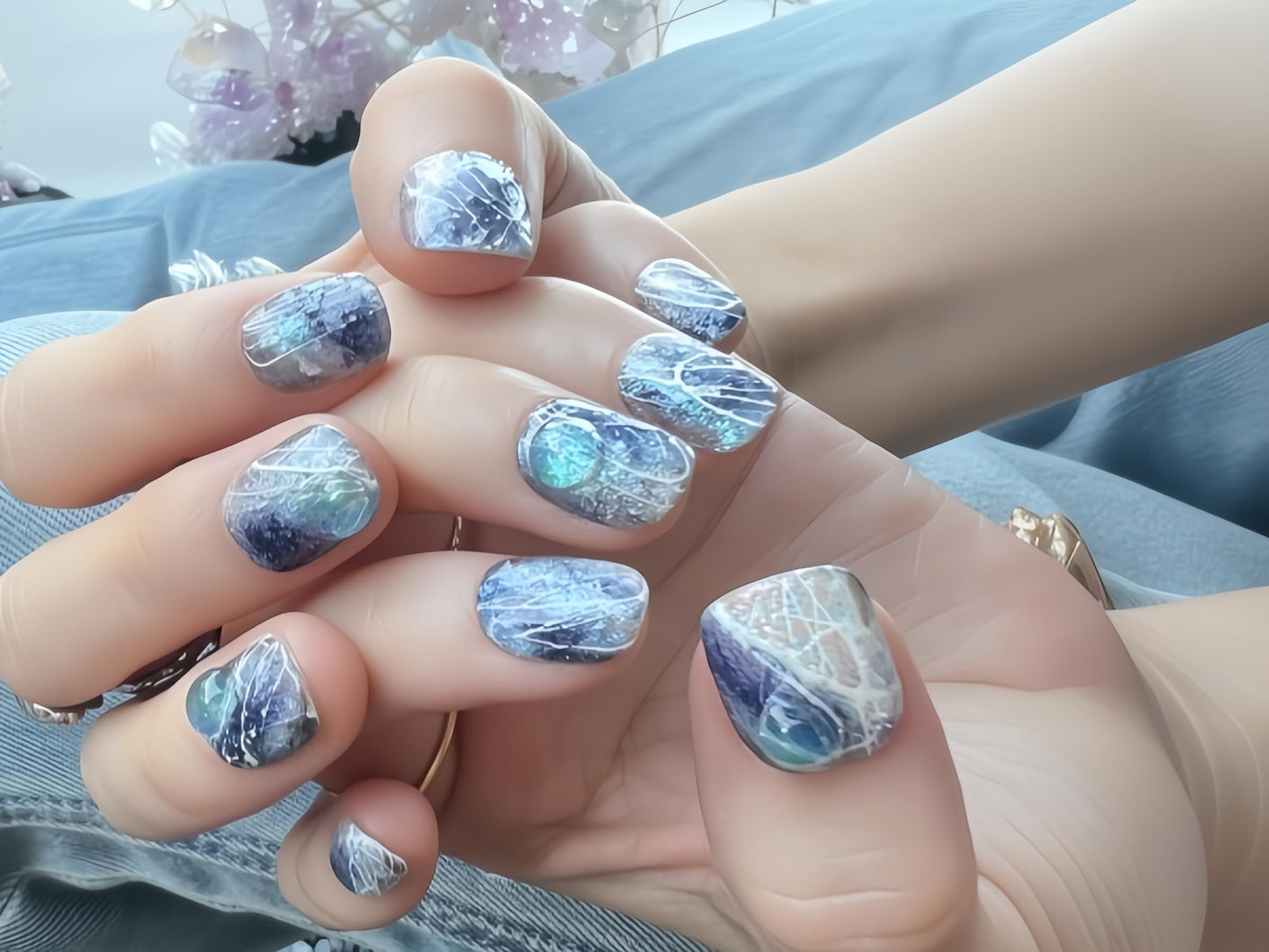 Fine Point Midnight Nebula Press On Nails for Women, 10pcs Short squoval False Nails, Handmade Galaxy Marble with White Line Art, Reusable Glue On Nails, Fun Mothers Day Gifts (Size Small)