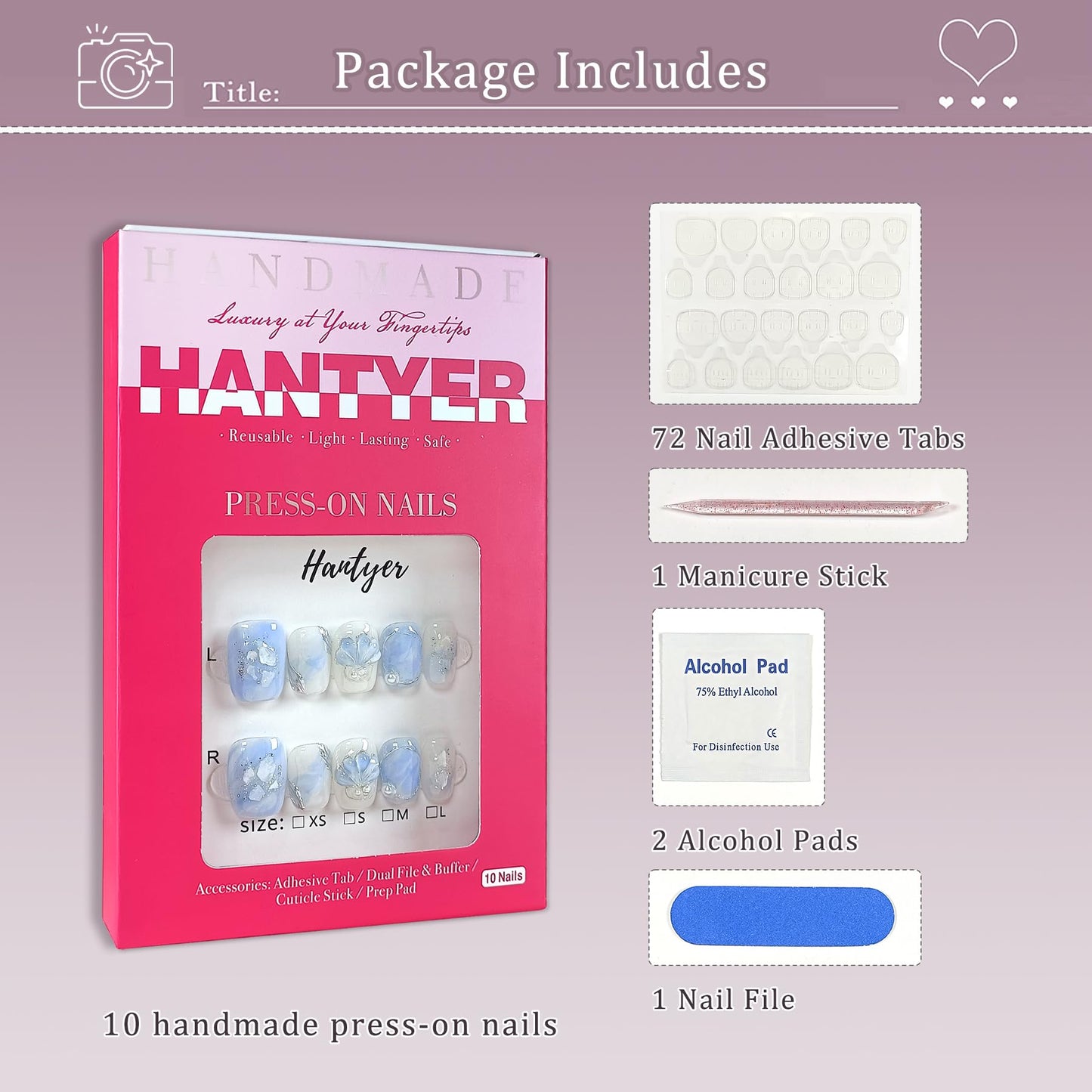 Hantyer Press on Nails, Short Coffin Fake Nails, Blue Marble & Hand-Painted Silver Streaks, Icy Blue Glittering Nails, Handmade Nails Sweet Style for Office, Holiday Parties & Special Events(Size M)