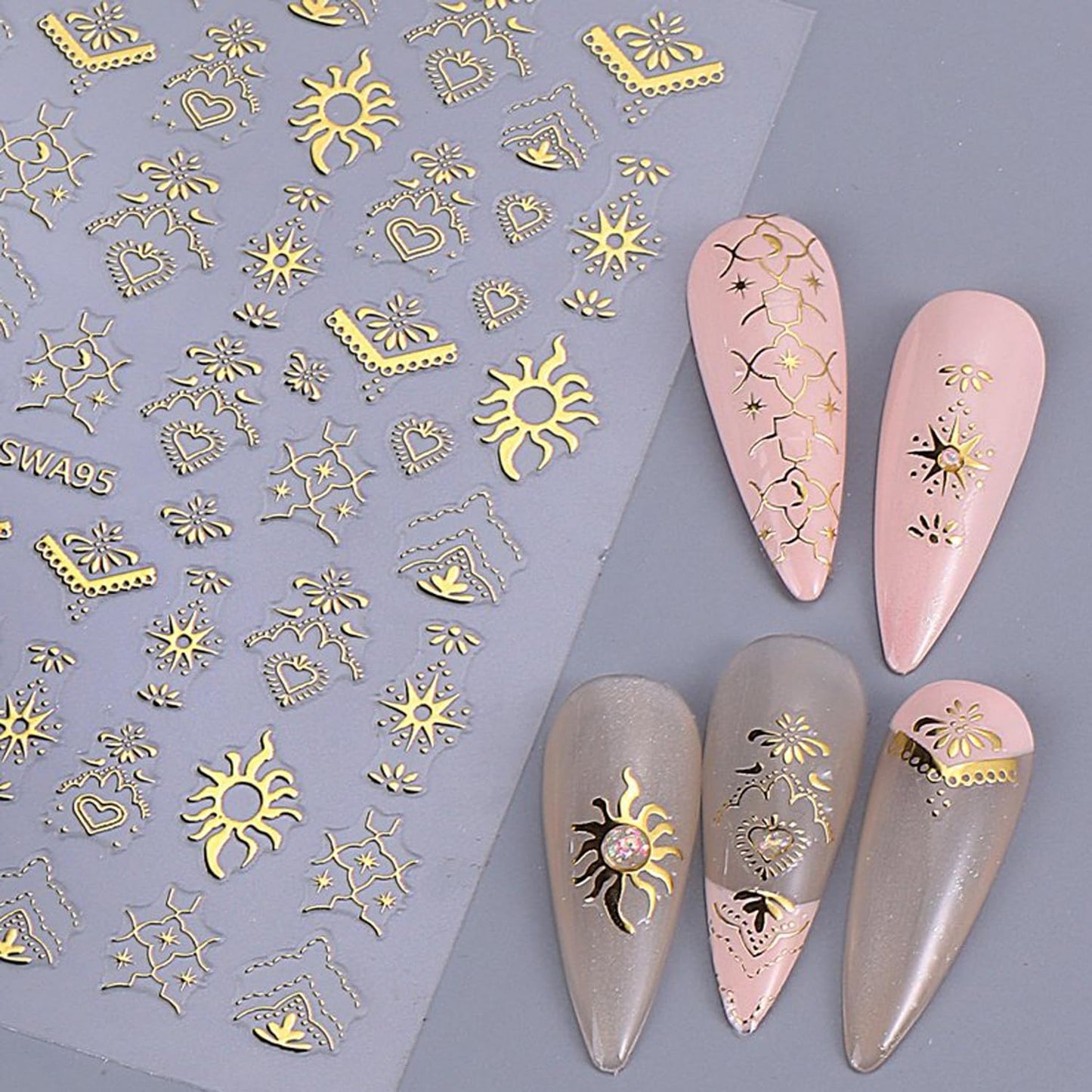 Gold Silver Nail Art Stickers Decals,4Pcs 3D Retro Sun Love Totem Star Moon Heart Designs, Stars Metallic Nail Supplies Embossed Self-Adhesive Slider Stickers for Women's DIY Manicure Decoration