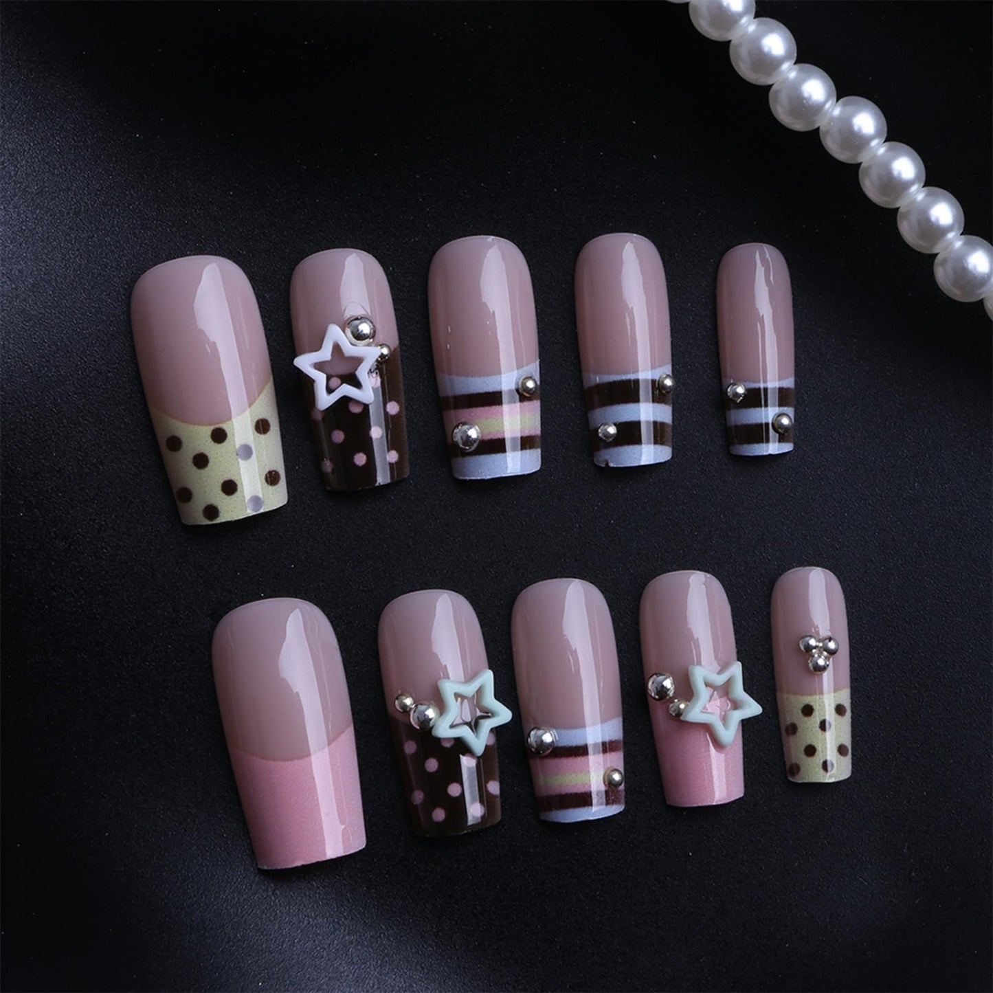 octoswave Long Square Press on Nails - Cute Pink Brown Y2K Fake Nails with 3D Stars Polka Dots - 24 Pcs False Nails Kit with Adhesive Tabs