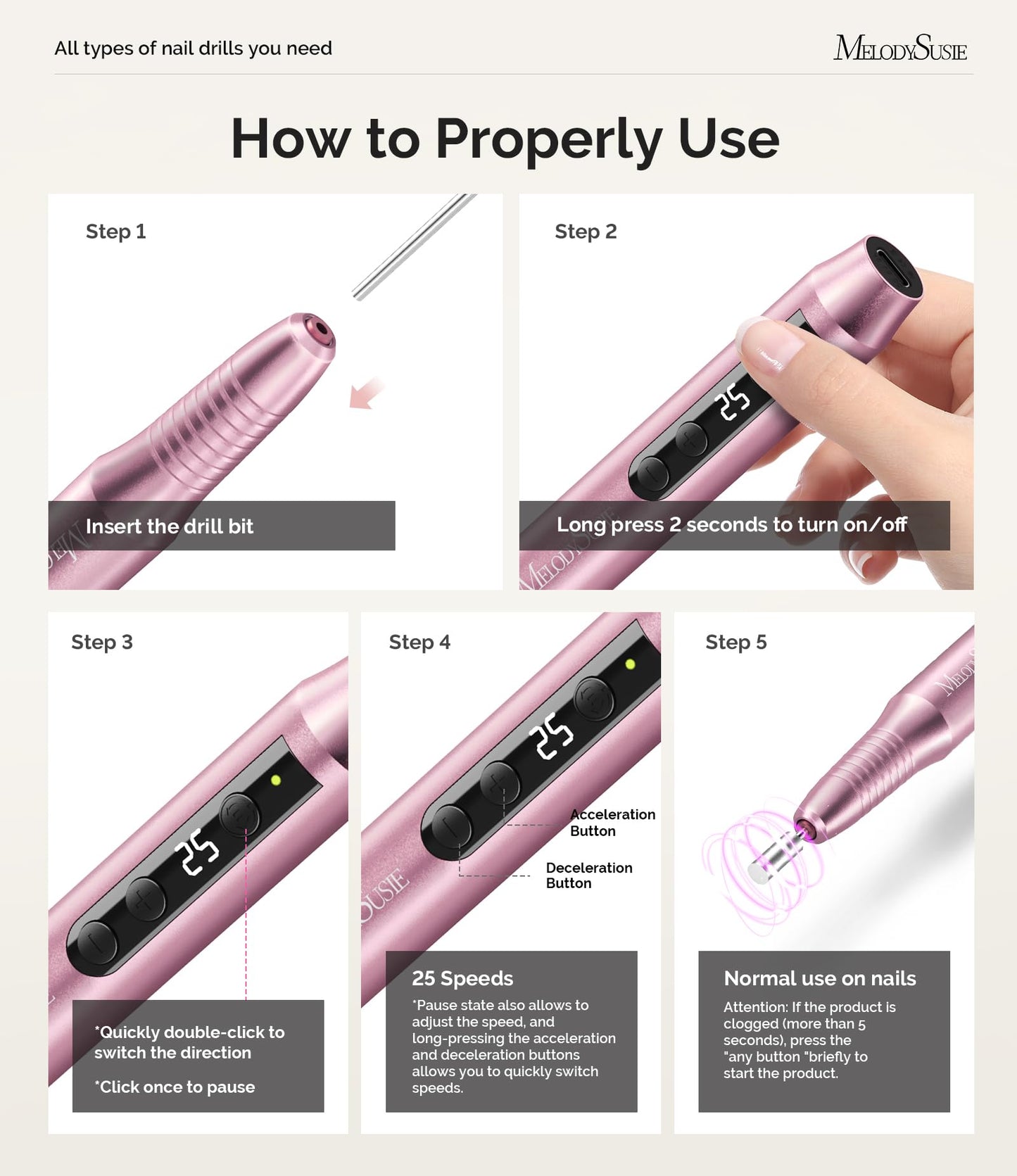 MelodySusie Pen-Shaped Portable Cordless Nail Drill,PC180G 25000RPM Rechargeable Electric File with LED Display for All Nail Care, Manicure Shaping & Acrylic Gel Removal for Nail Artists DIY at Home
