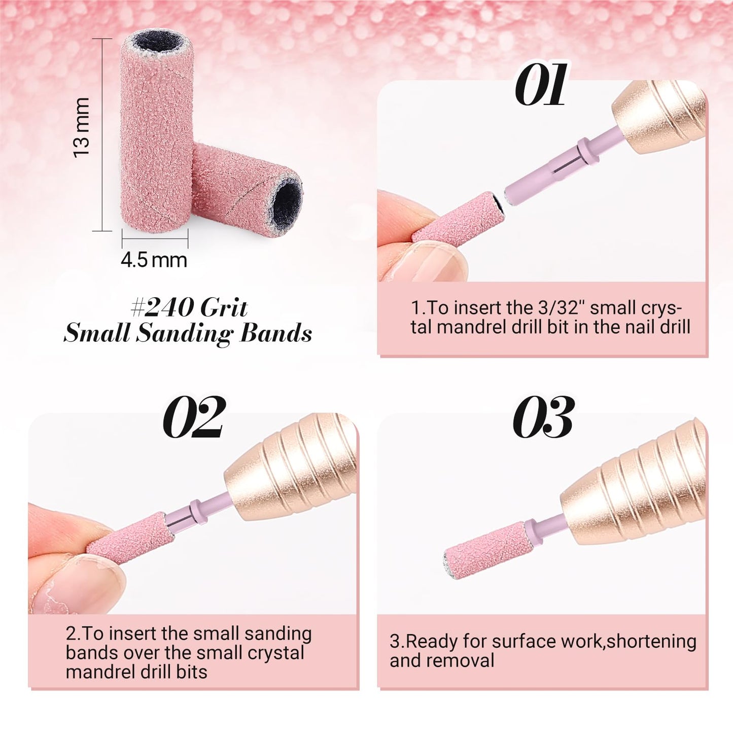 MelodySusie 50 Pcs Nail Drill Bits Small Sanding Bands with 3.1mm Mandrel Bit, 240 Extreme Fine Grit Nail File for Acrylic Nails Gel Manicures and Pedicure, Pink
