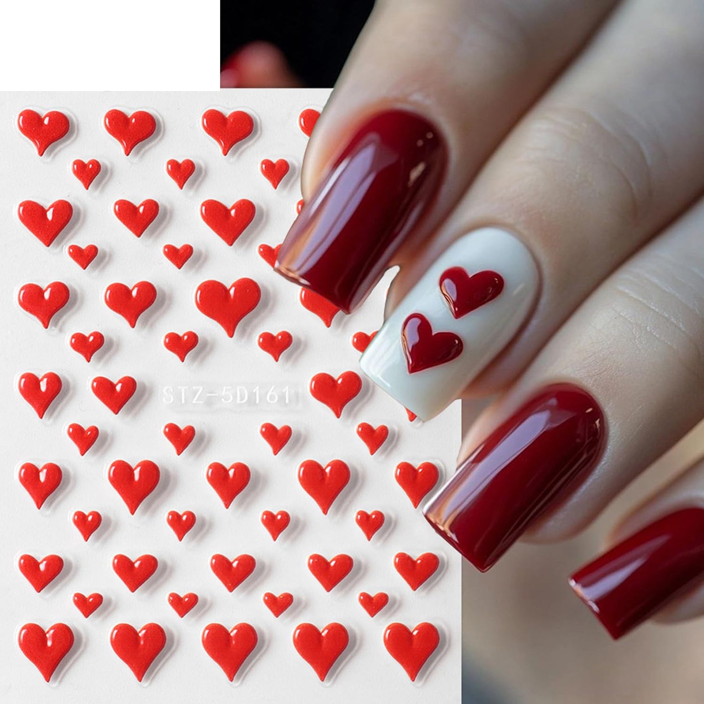 4Pcs Valentine's Nail Art Stickers Decal - 5D Embossed Pink Heart-Shaped Nail Stickers with Adhesive for Valentines Romantic Love Red Hearts Nail Transfer Slider Sticker for Women Manicure Decor