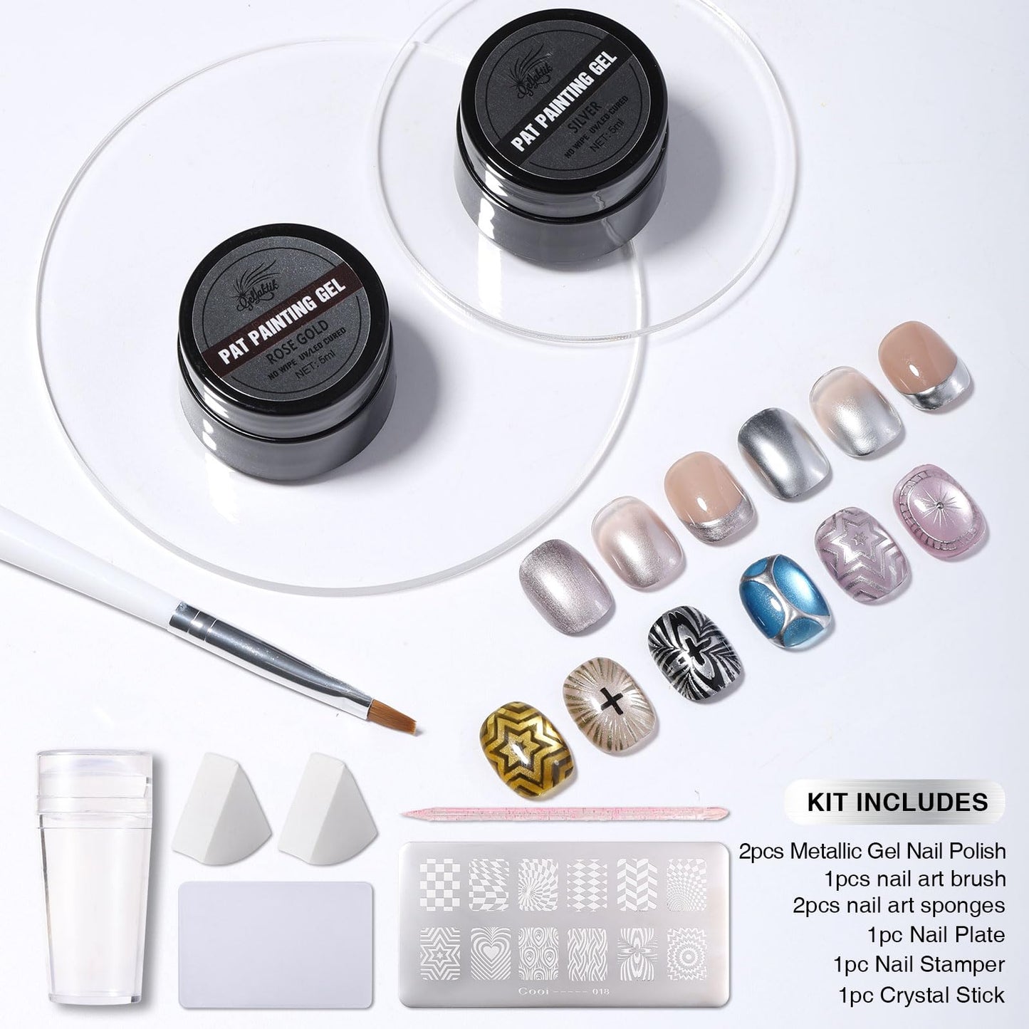 GELLAKTIK Metallic Gel Nail Polish Set, 2Pcs Silver & Rose Gold Chrome Painting Gel, Stamping Gel Polish with Nail Art Stamp Plate & Stamper Scraper Kit, DIY Home and Salon Use for Women
