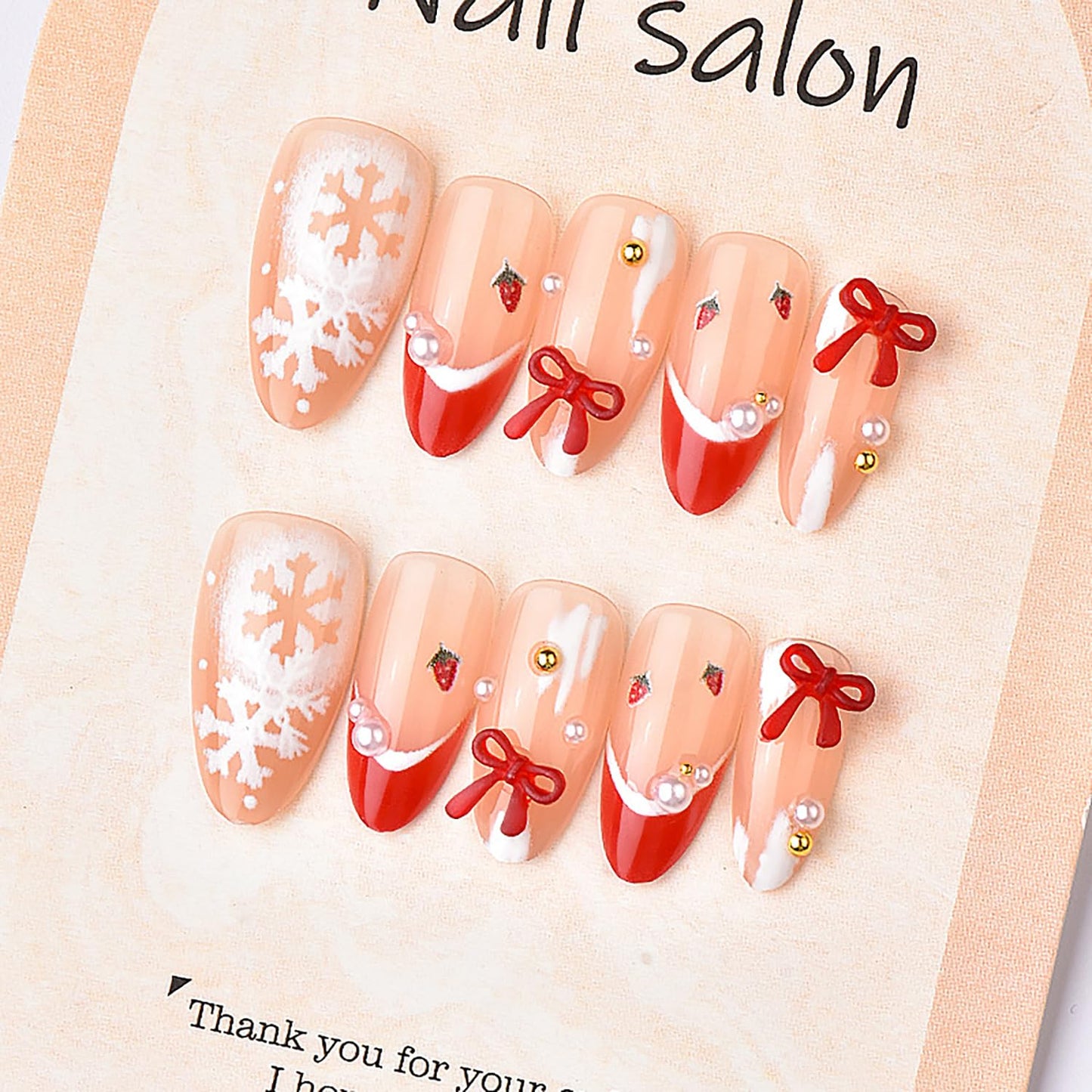 30pcs Christmas Press on Nails Medium Almond French Tip Fake Nails Winter Snowflake Full Cover False Nails with 3d Bow Rhinestones Designs Glue on Nails Valentine Nude Glossy Acrylic Nail for Women