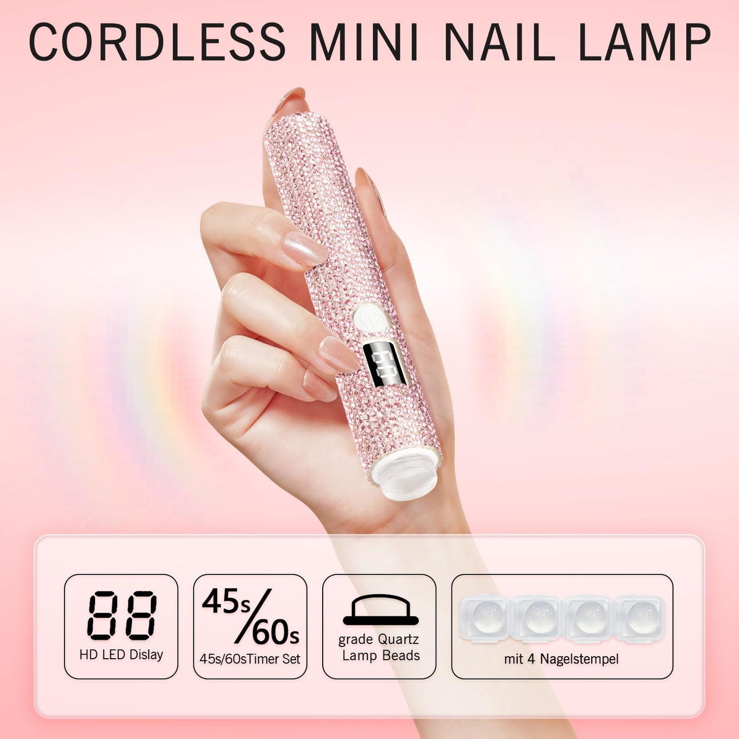 peccera Handheld UV Light for Gel Nails, Glitter UV Nail Lamp, Cordless Portable Mini Gel Nail Lamp for Fast Curing, Rechargeable LCD Polish Nail Dryer for DIY Manicure Decor - Pink Diamond