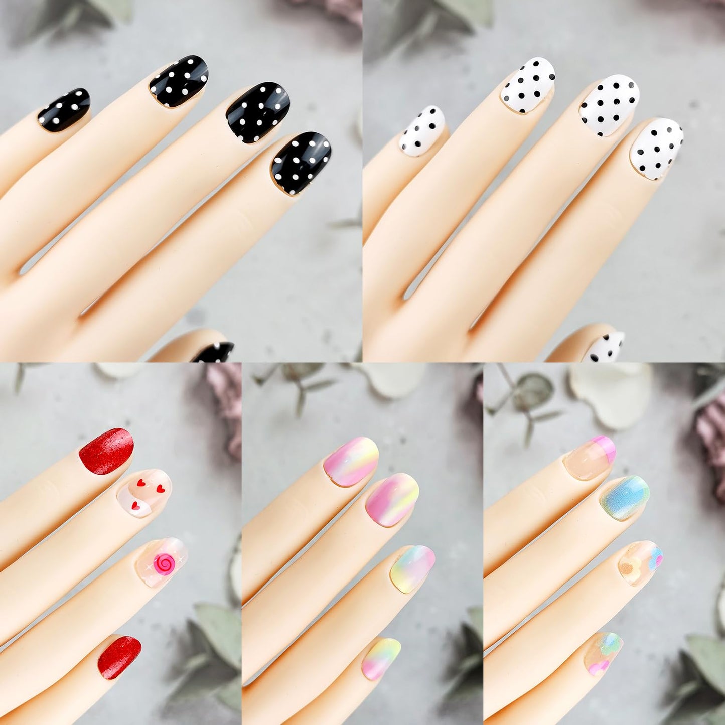 120 Pieces Fake Nails for Girls Black White Polka Dots Kid Nails Press on Pre-glue Children Artificial False Nails Short Oval Full Cover Acrylic Stick on Nail Tips Kit for Women