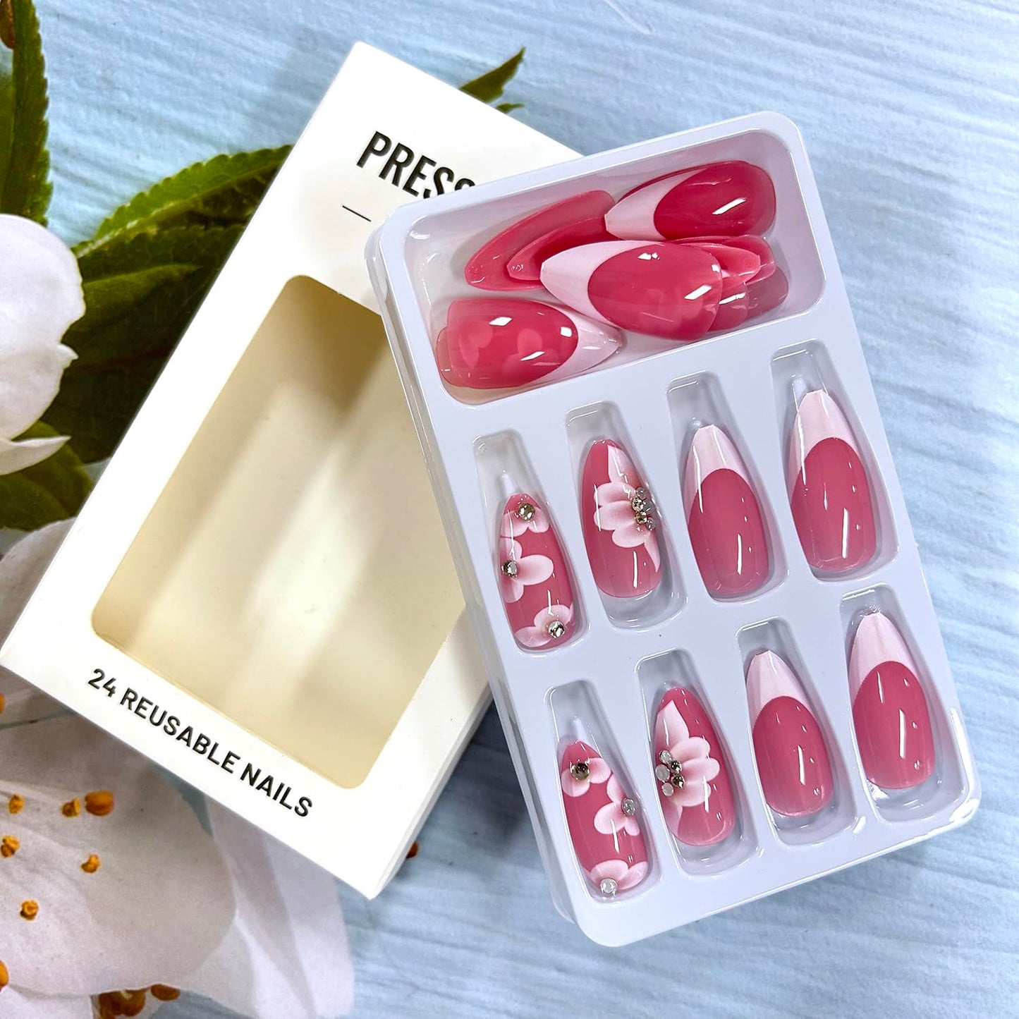 White French Tip Press on Nails - Medium Almond Flower with Rhinestones Design Full Cover Coffin Acrylic Artificial Floral Stick on DIY Glue on Nails for Women - 24 Pcs
