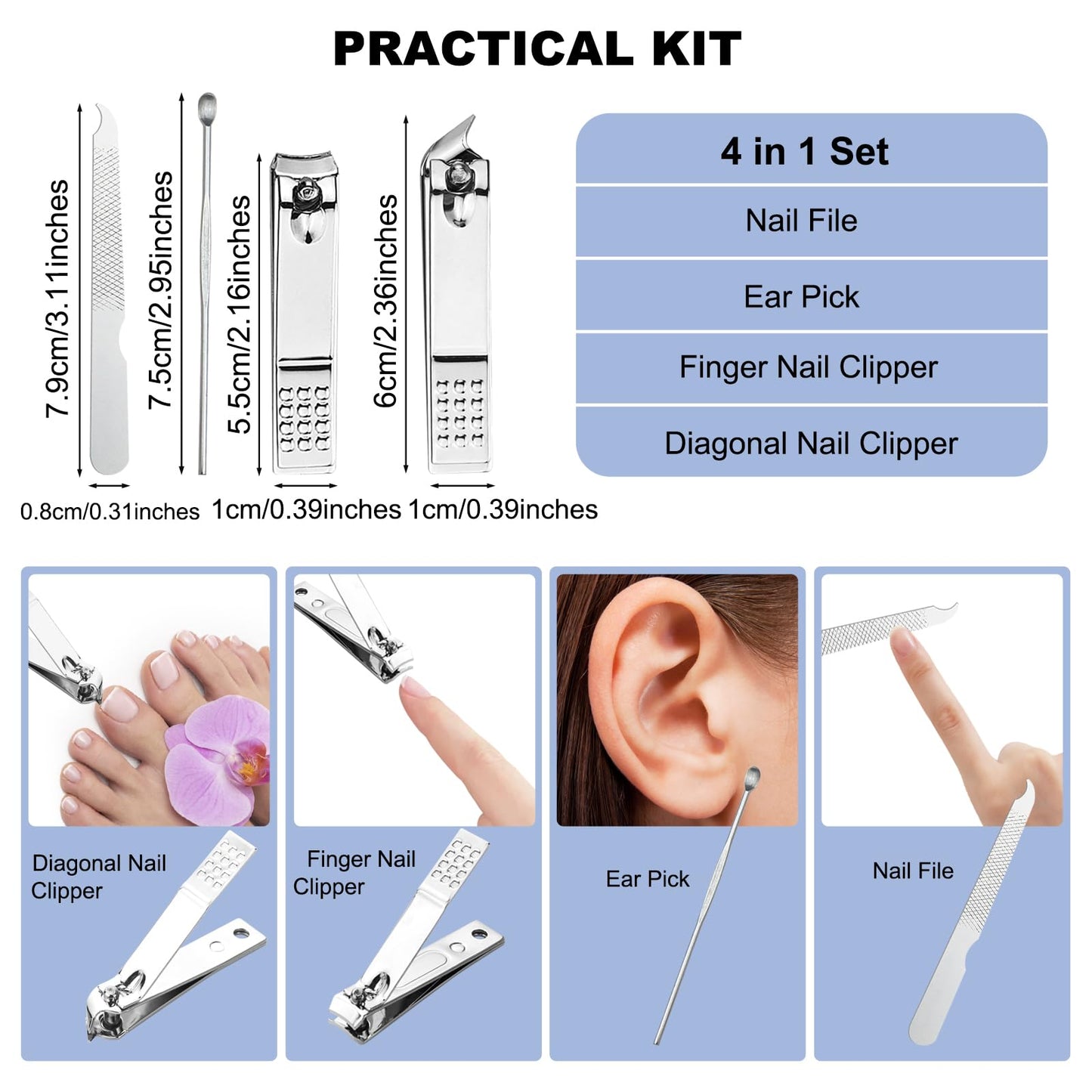 HAIFOTRVA 10 Sets Finger Nail Clipper Set Bulk,4 in 1 Adult Stainless Steel Travel Manicure Kit with Case Individually Wrapped Nail Clippers Bulk for Homeless,Hotel,Charity(2 Colors)