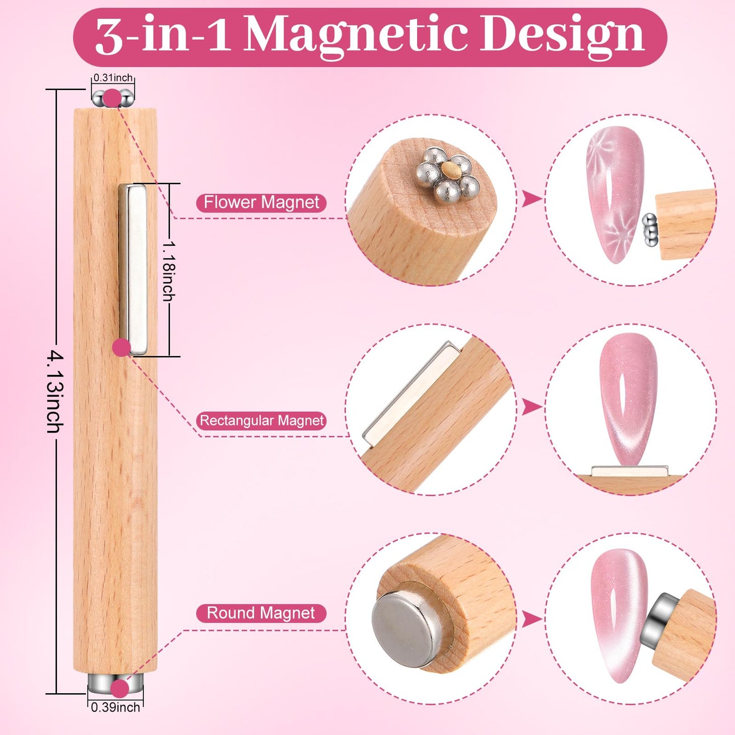 4 Pcs Cat Eye Magnet, Multi-Function Nail Magnet Pen Heart Magnet for Cat Eye Gel Polish, Cat Eye Nail Magnet Tool for Nail Art Design Home Salon Studio DIY
