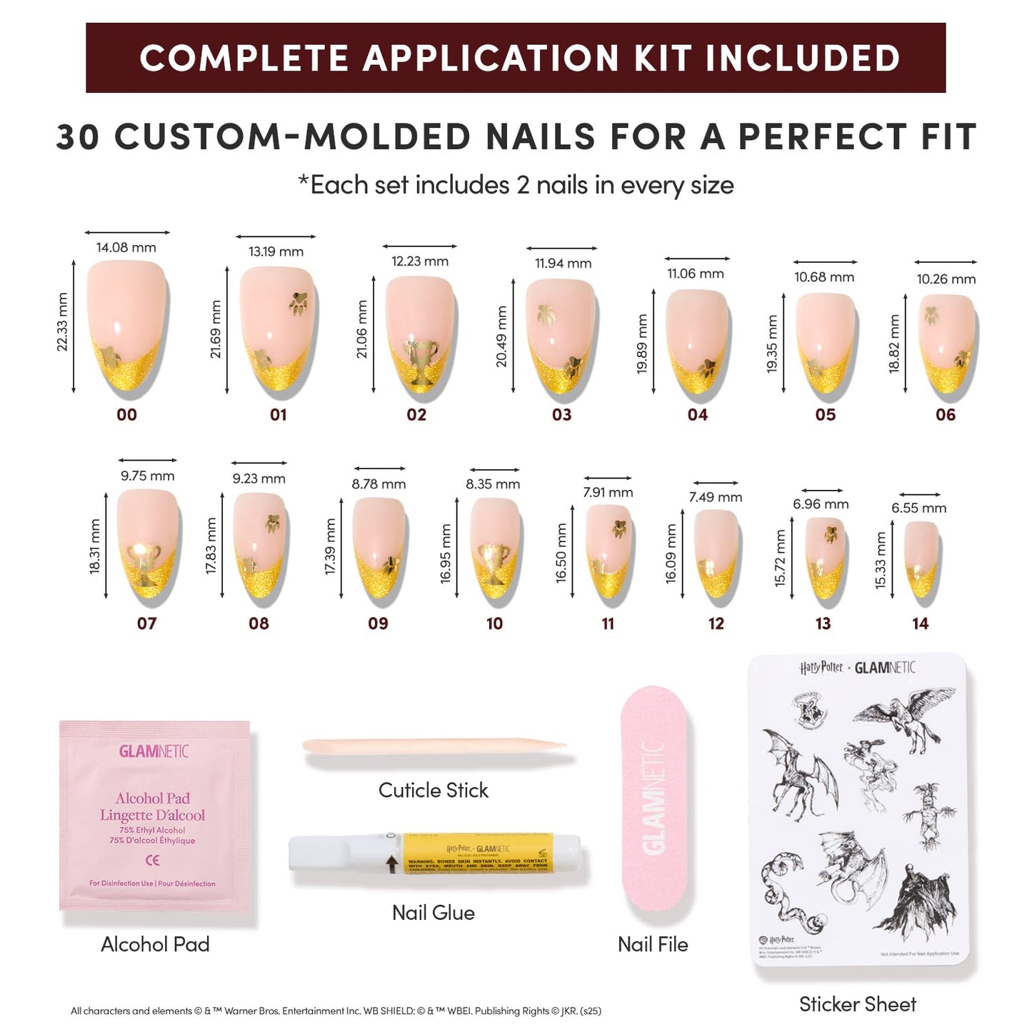 Harry Potter™ x Glamnetic Press-On Nails Bundle - Helga Hufflepuff™ & Fiery Red | Short Almond Fake Nails with Velvet Yellow French Tips & Gold Graphics, Officially Licensed | Bright Red Short Almond