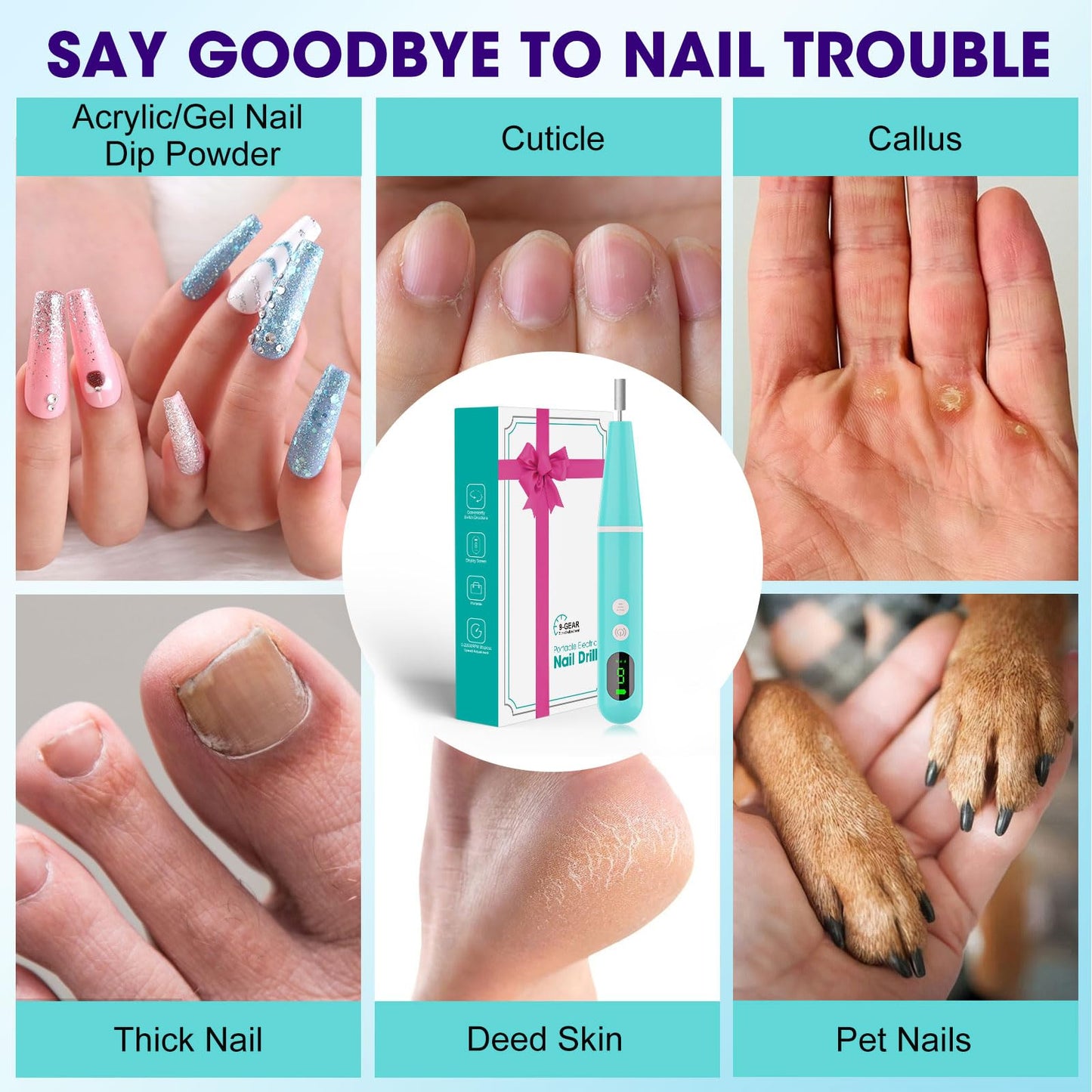 Cordless Nail Drill, Super Lightweight Electric Nail File, Low Noise Electric Nail Drill with 9 Speed & LCD Display, Toenail Grinder for Thick Nail Toenail Cuticle Human Women Baby Pets
