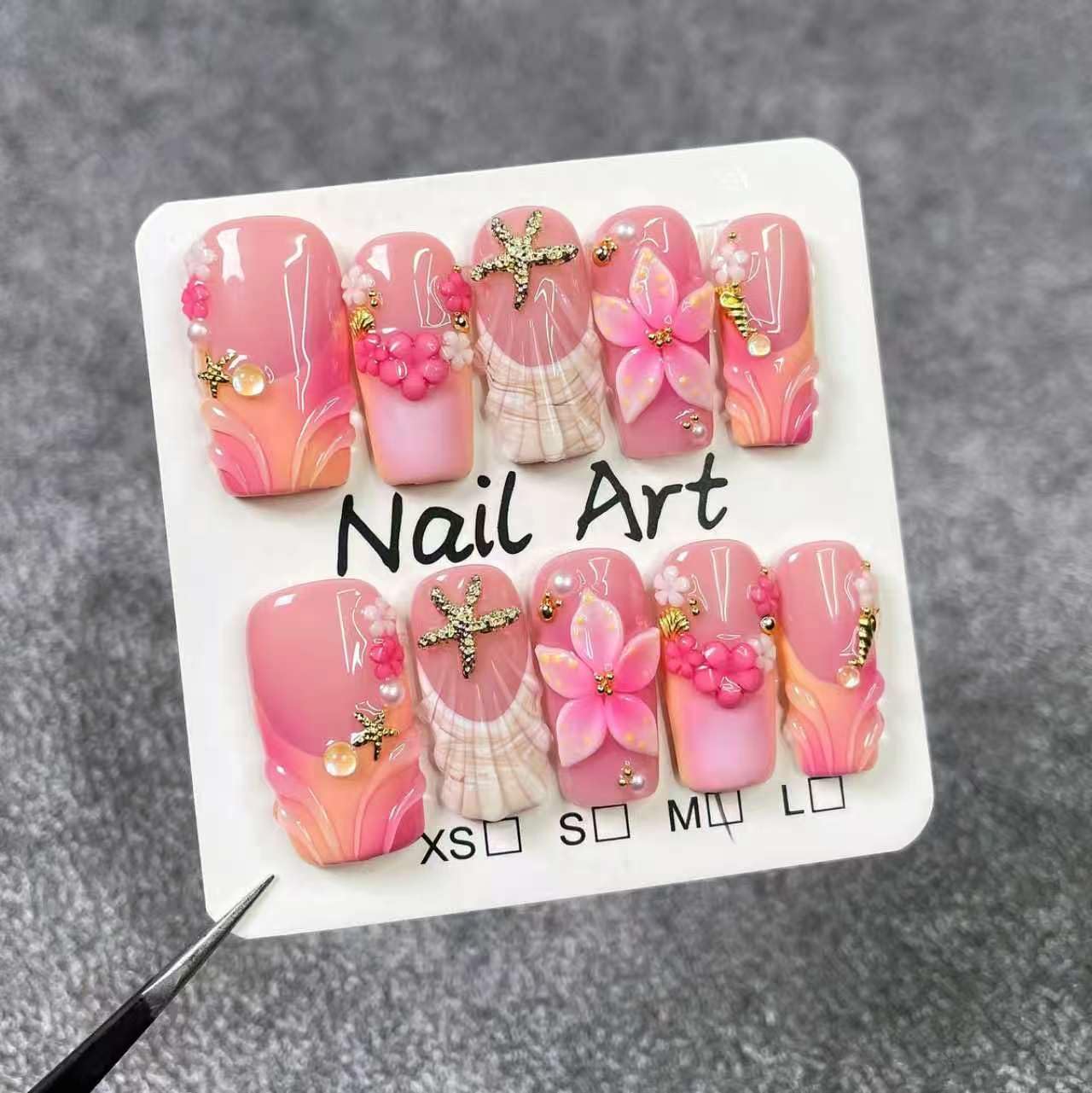 MikaJayboo Handmade Medium Square Press on Nails Pink French with Gradient Ocean Style Fake Nails with 3D Flower Shell & Starfish Summer Beach Party Nails for Women, 10Pcs (Size M)