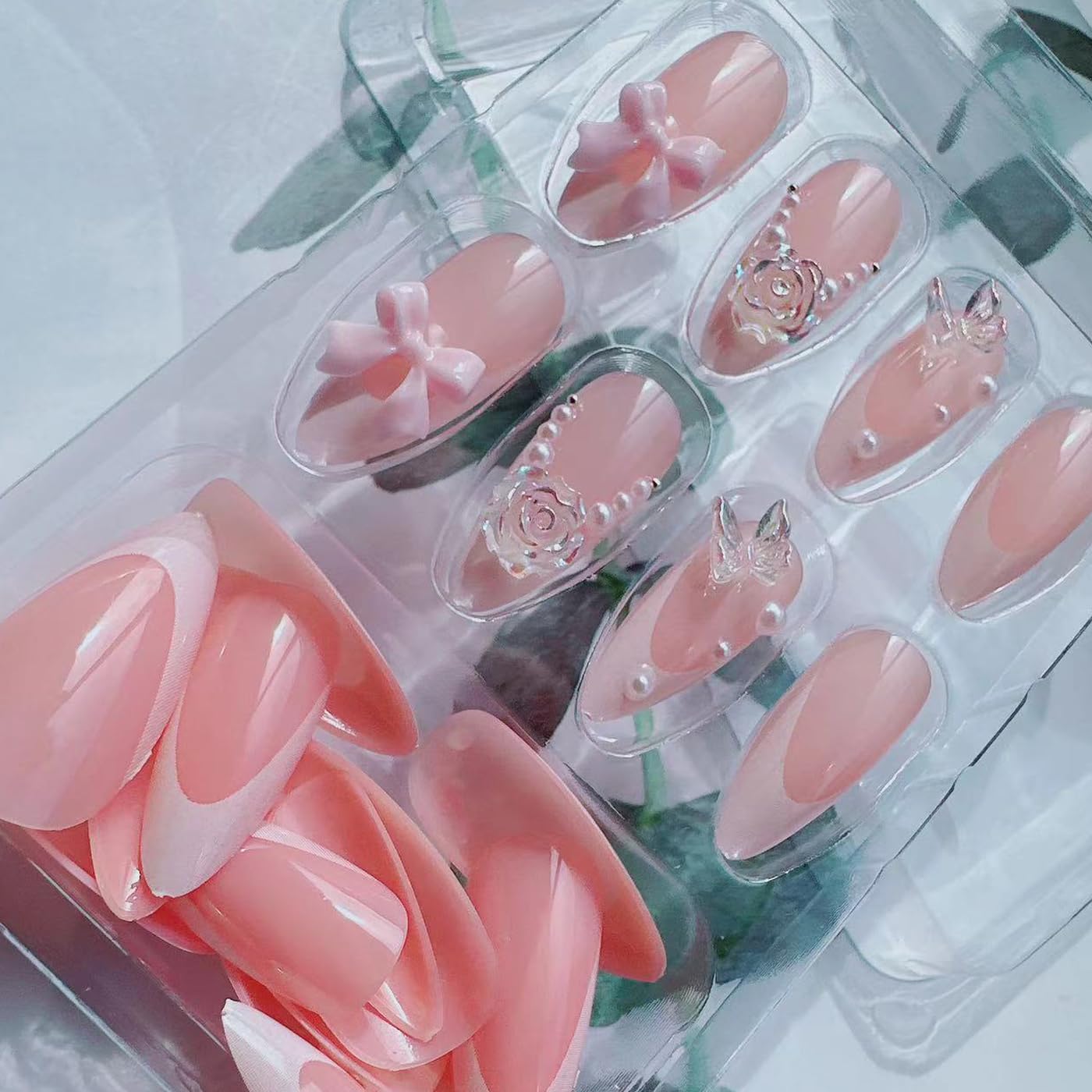 24Pcs French Tip Press on Nails Fake Nails with Aurora Butterfly Flowers Tulip Charms Designs False Nails Cute Press ons Pink Bow Stick on Nails Glossy Nude Acrylic Nails Glue on for Women Manicure